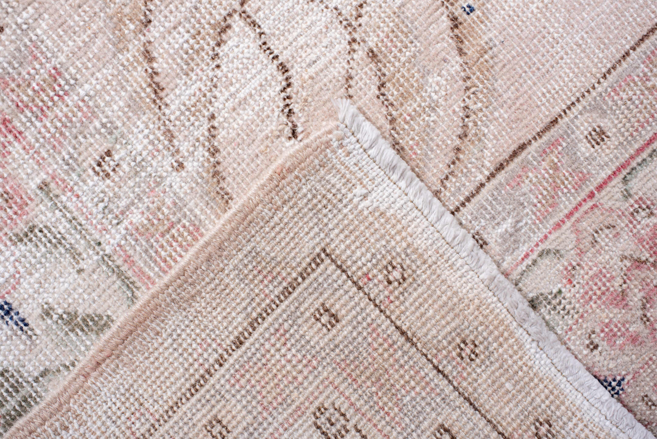 6' x 10' one-of-a-kind handmade vintage Sparta large size rug. Color palette: blush, ivory, pale pink, sage, dusty blue