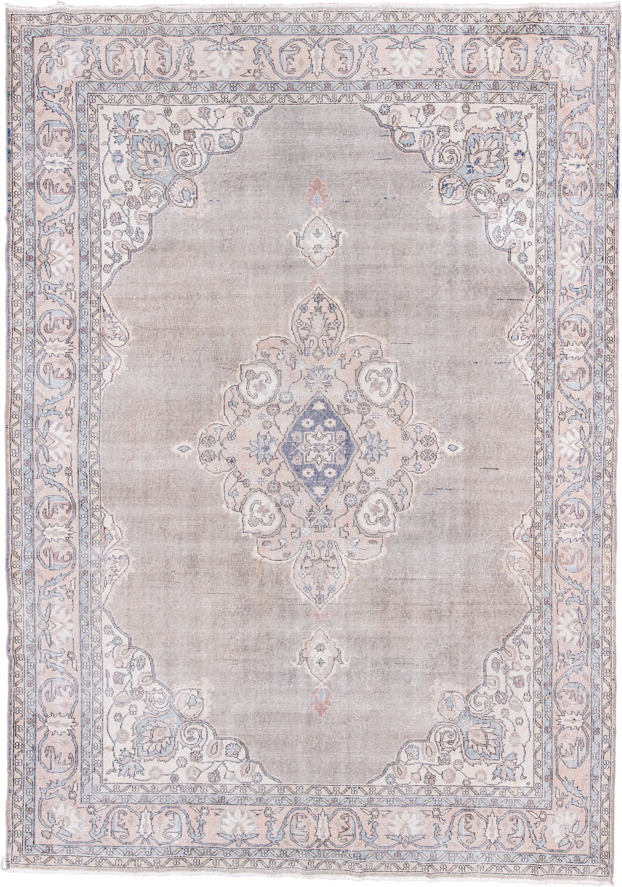 8' x 11' one-of-a-kind handmade vintage Sparta large size rug. Color palette: taupe, ivory, pale blue, blush, sage