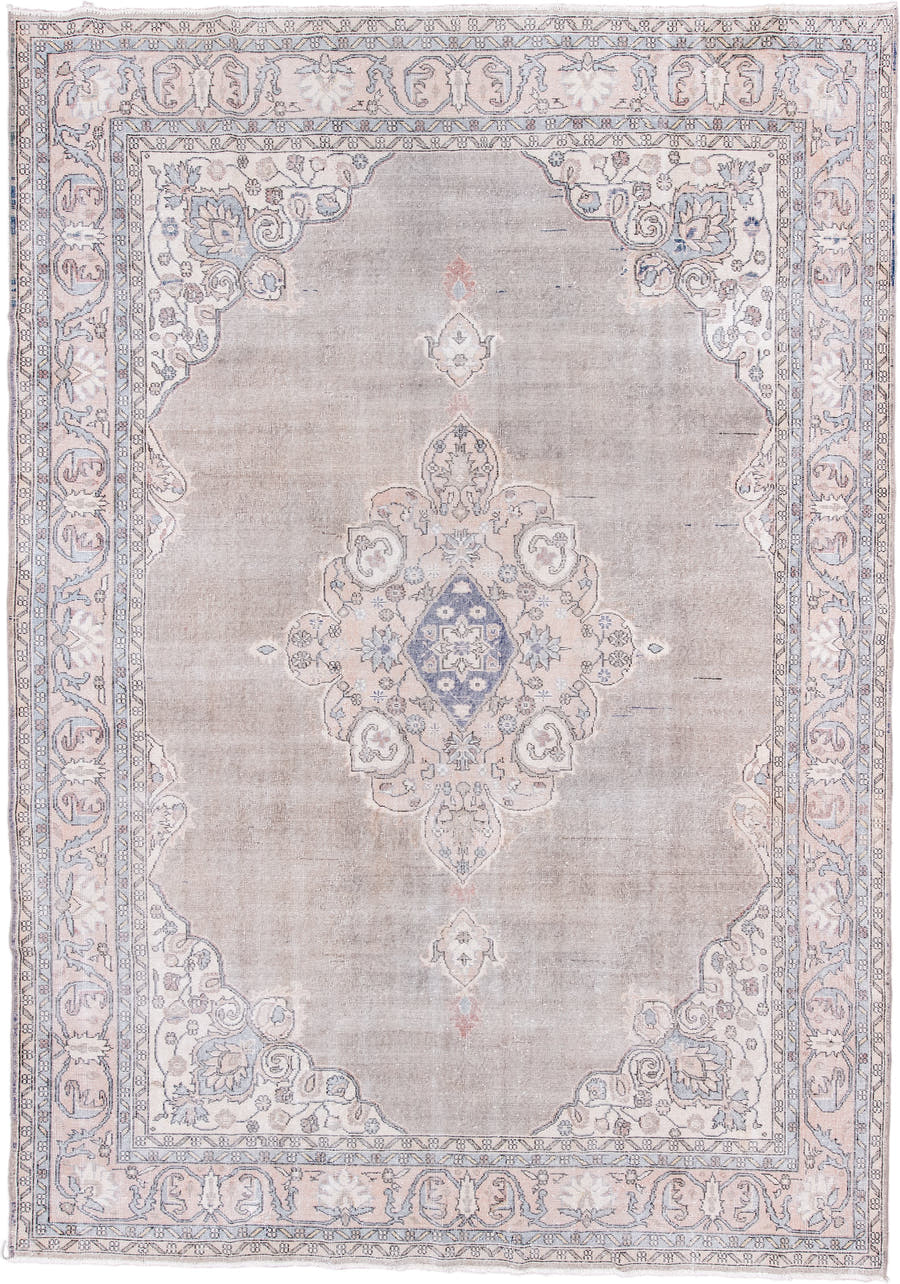 8' x 11' one-of-a-kind handmade vintage Sparta large size rug. Color palette: taupe, ivory, pale blue, blush, sage