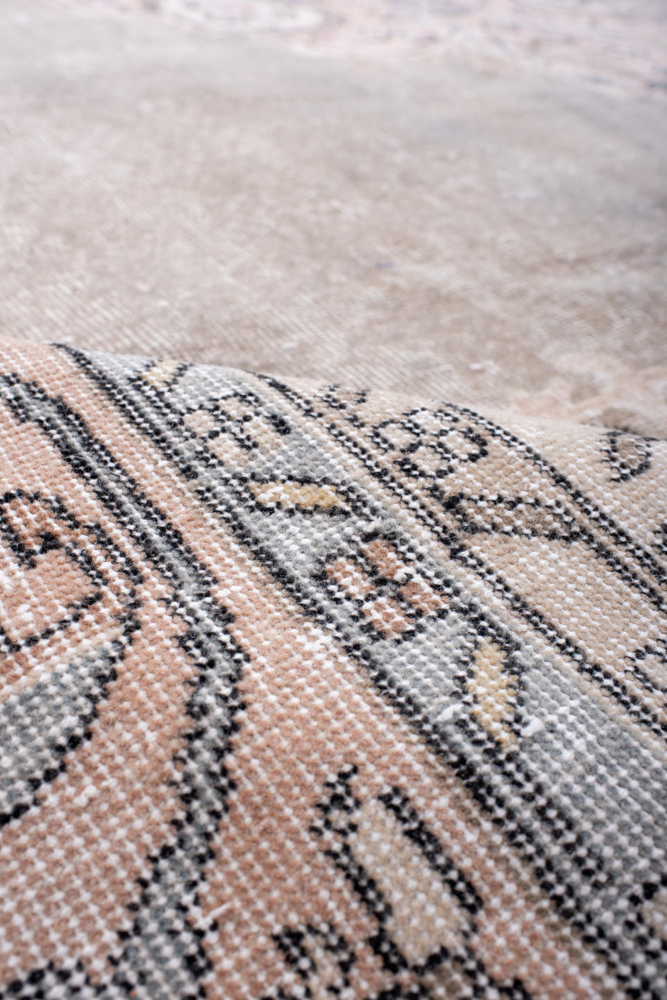 8' x 11' one-of-a-kind handmade vintage Sparta large size rug. Color palette: taupe, ivory, pale blue, blush, sage