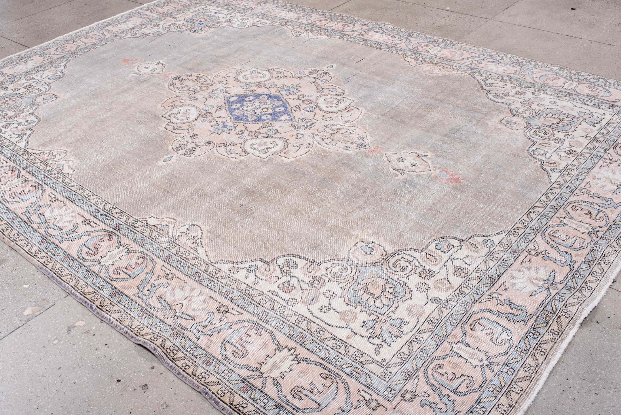 8' x 11' one-of-a-kind handmade vintage Sparta large size rug. Color palette: taupe, ivory, pale blue, blush, sage