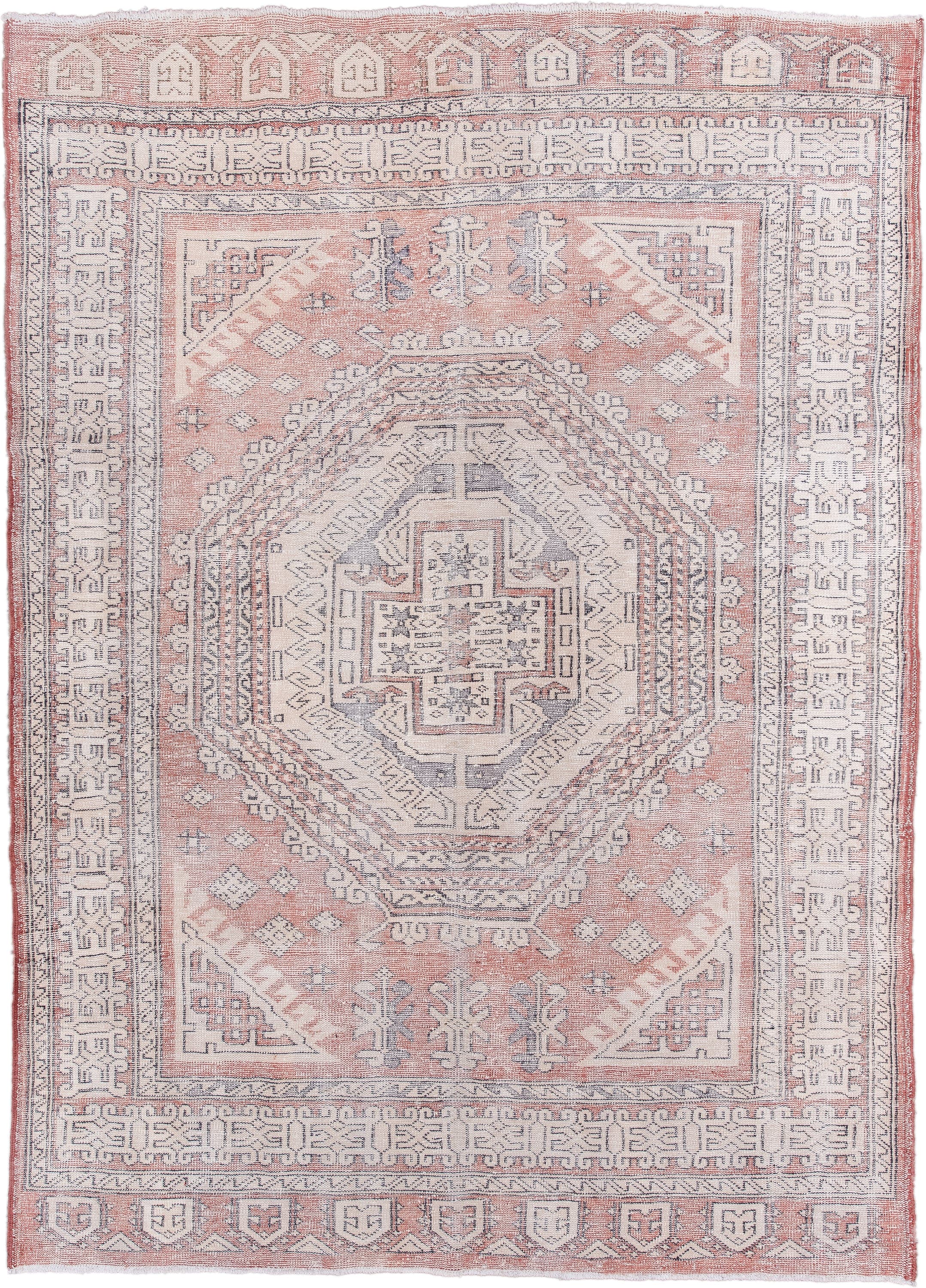 6' x 9' one-of-a-kind handmade vintage Sparta medium size rug. Color palette: rose, ivory, slate, blush, taupe, pink, red
