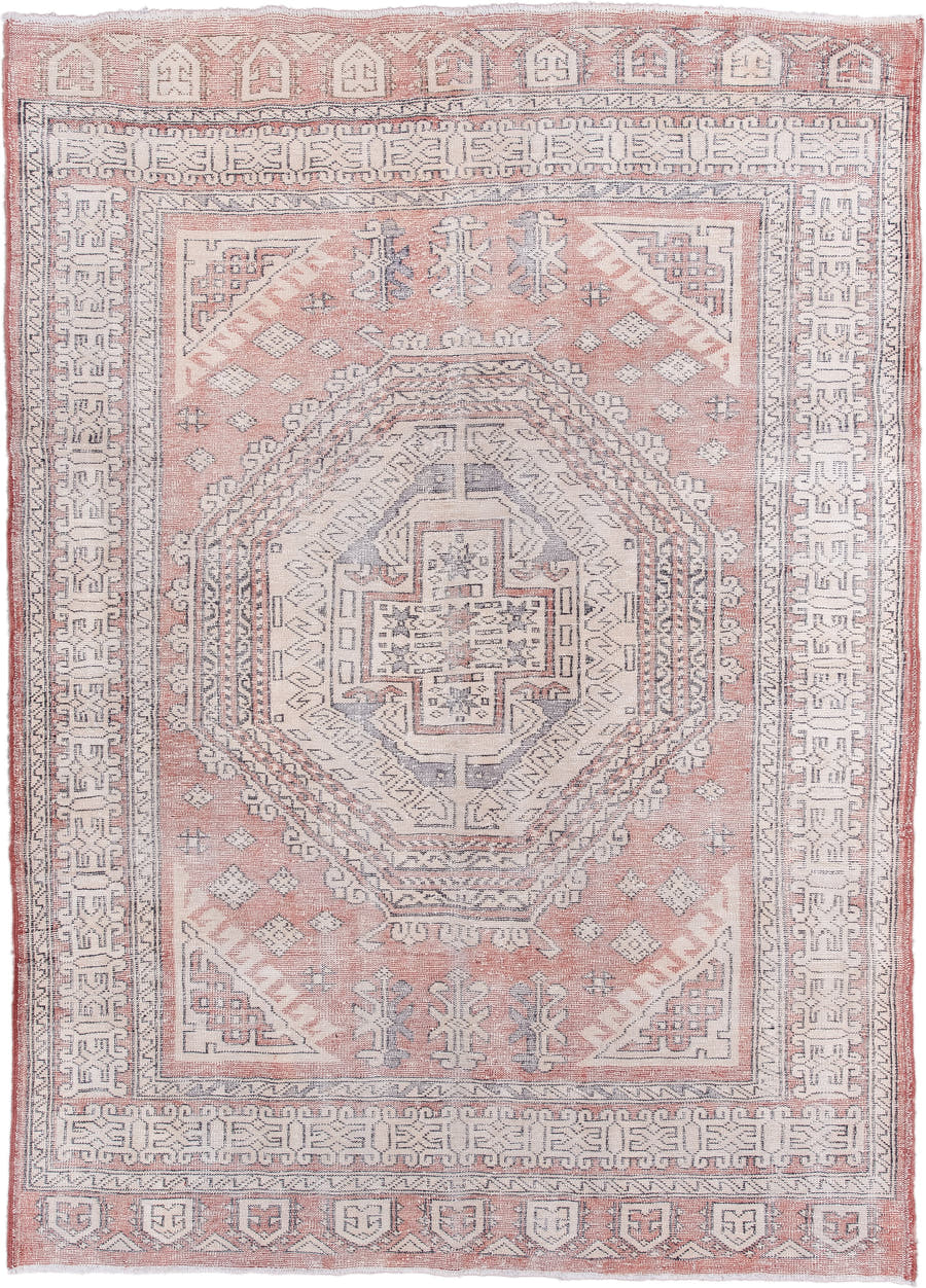 6' x 9' one-of-a-kind handmade vintage Sparta medium size rug. Color palette: rose, ivory, slate, blush, taupe, pink, red
