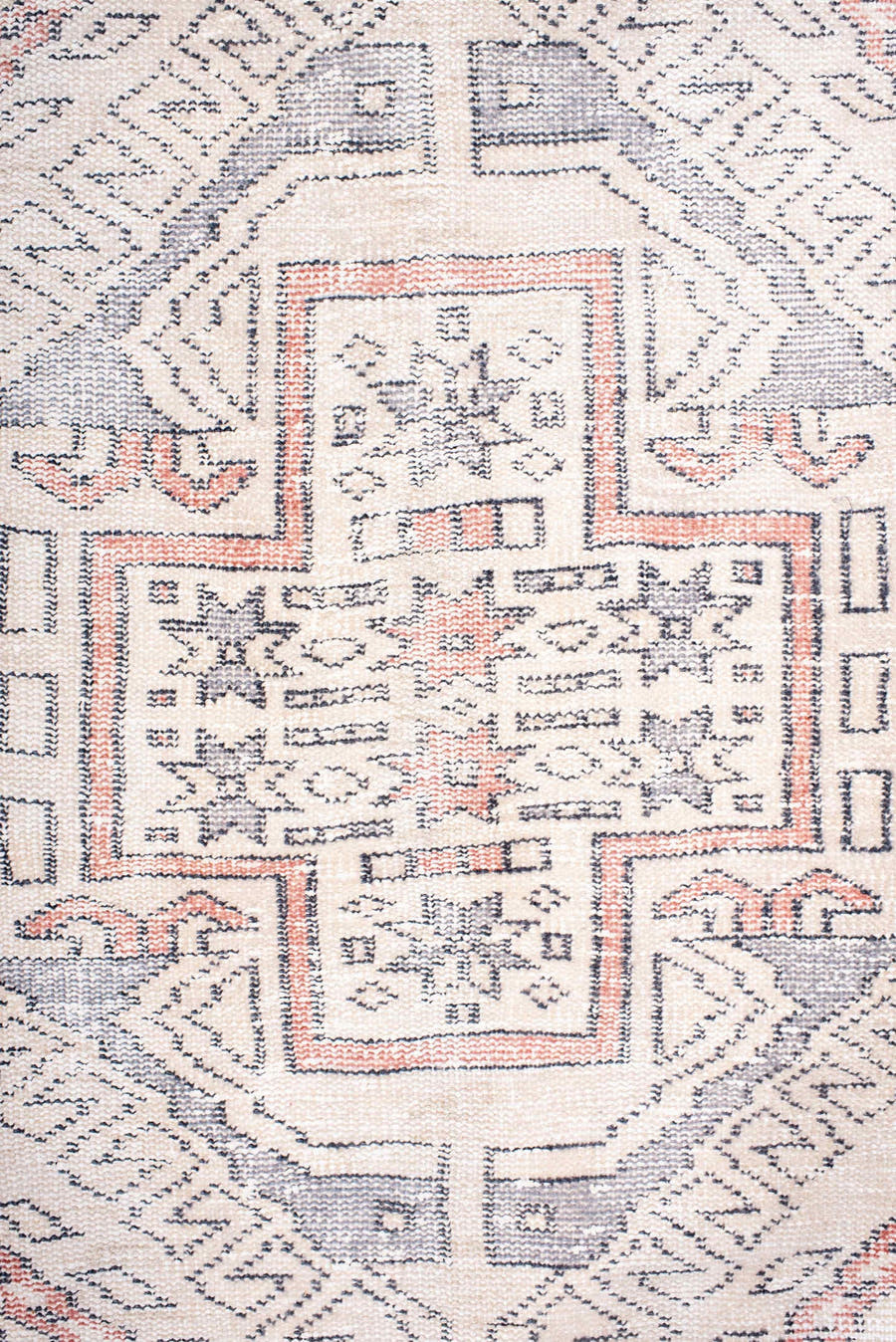 6' x 9' one-of-a-kind handmade vintage Sparta medium size rug. Color palette: rose, ivory, slate, blush, taupe, pink, red