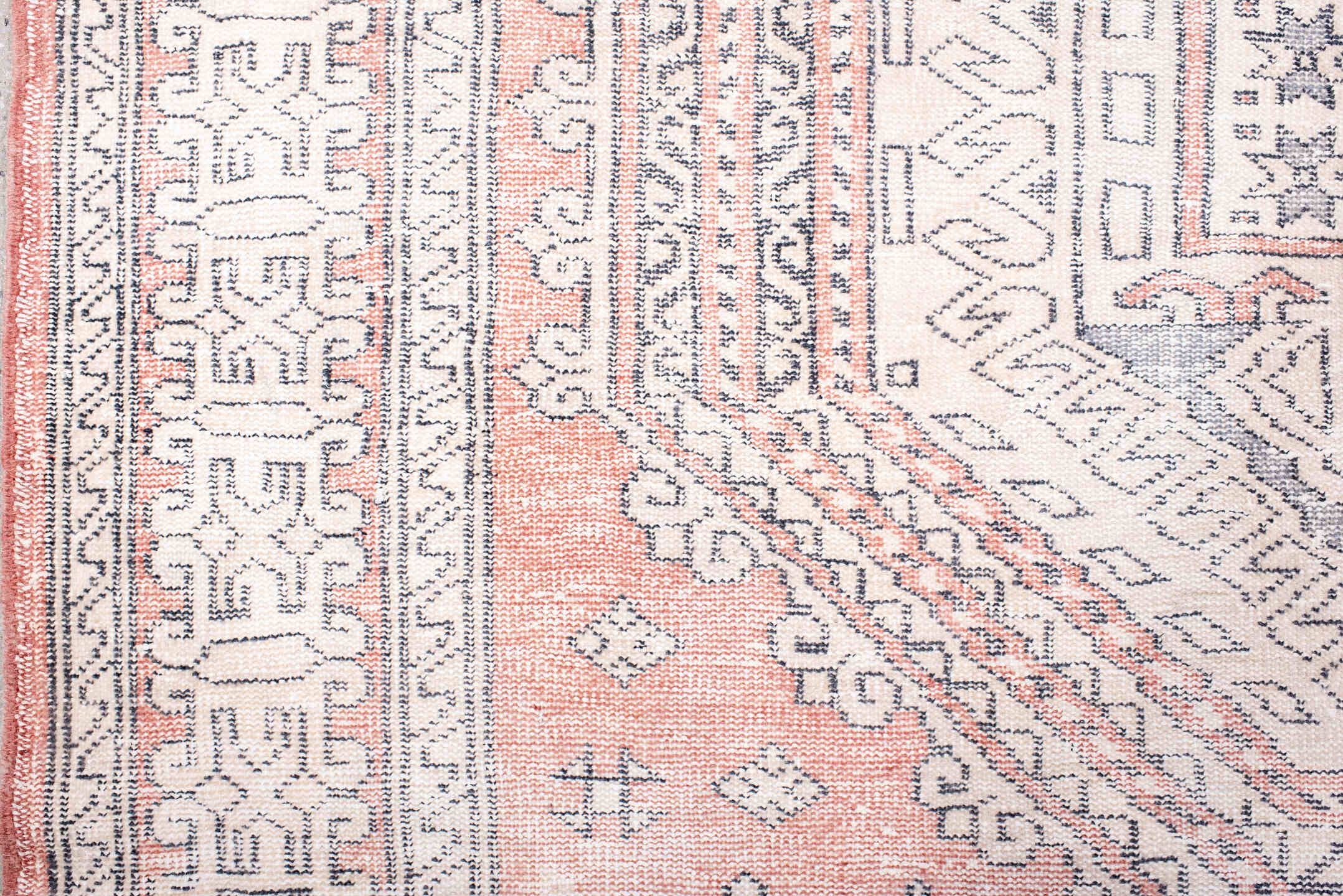 6' x 9' one-of-a-kind handmade vintage Sparta medium size rug. Color palette: rose, ivory, slate, blush, taupe, pink, red