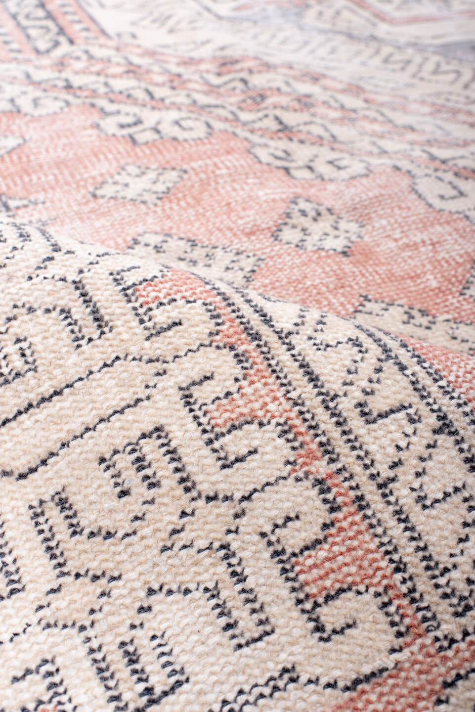 6' x 9' one-of-a-kind handmade vintage Sparta medium size rug. Color palette: rose, ivory, slate, blush, taupe, pink, red