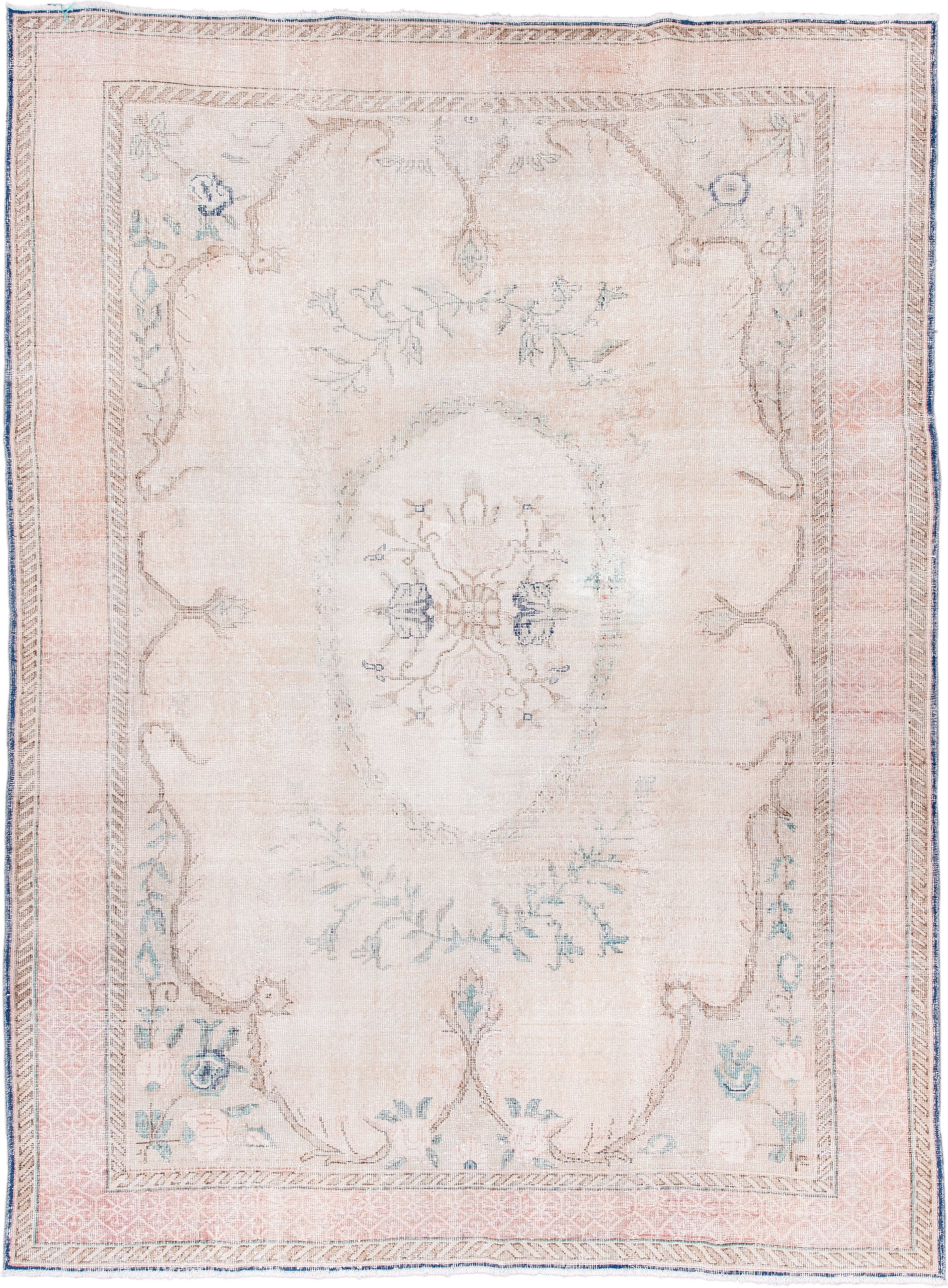 7' x 9' one-of-a-kind handmade vintage Sparta rug. Color palette: blush, ivory, pale blue, taupe, cream, pink, light blue