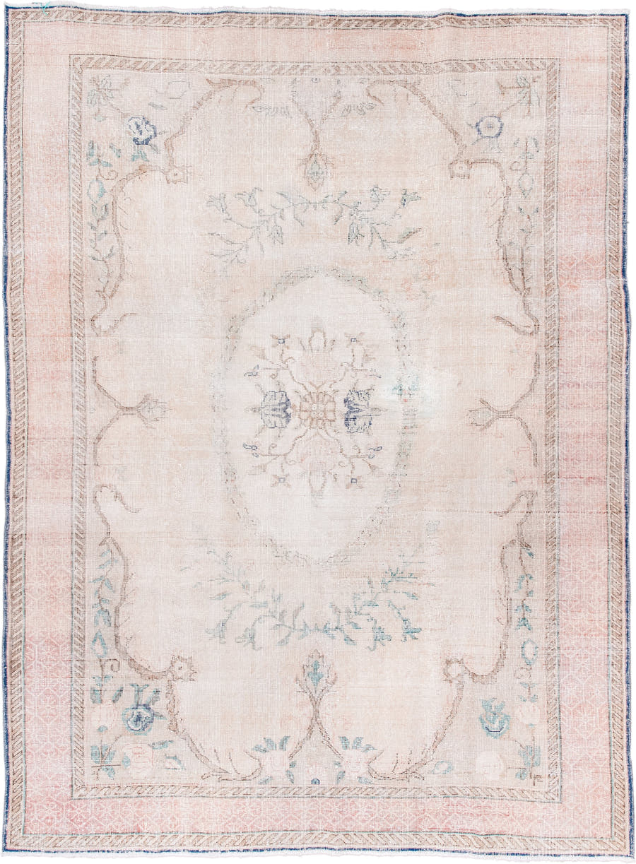 7' x 9' one-of-a-kind handmade vintage Sparta rug. Color palette: blush, ivory, pale blue, taupe, cream, pink, light blue