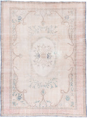 7' x 9' one-of-a-kind handmade vintage Sparta rug. Color palette: blush, ivory, pale blue, taupe, cream, pink, light blue