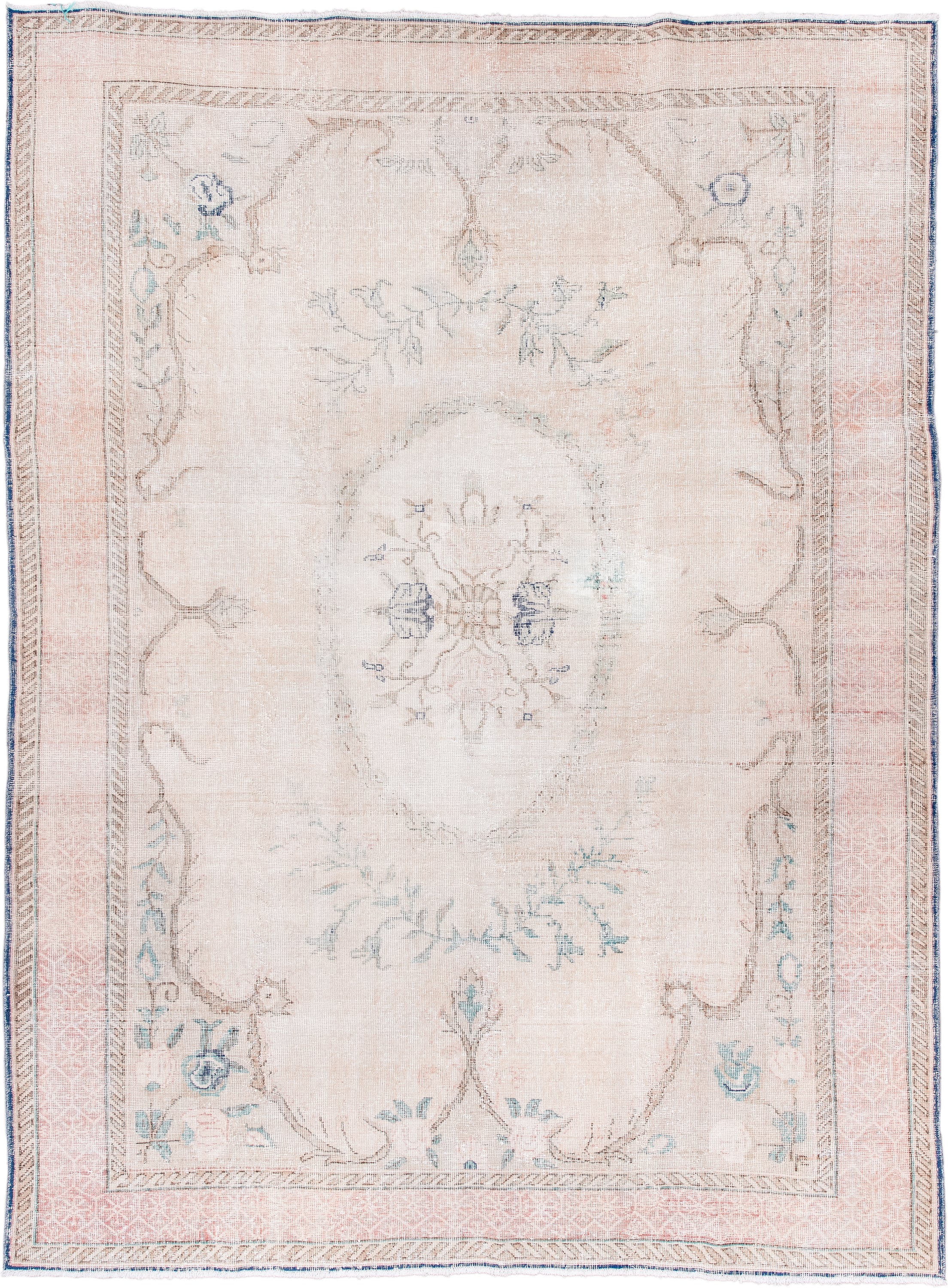 7' x 9' one-of-a-kind handmade vintage Sparta rug. Color palette: blush, ivory, pale blue, taupe, cream, pink, light blue