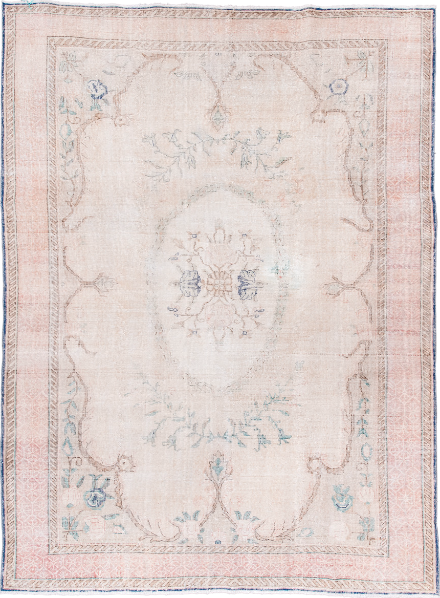 7' x 9' one-of-a-kind handmade vintage Sparta rug. Color palette: blush, ivory, pale blue, taupe, cream, pink, light blue