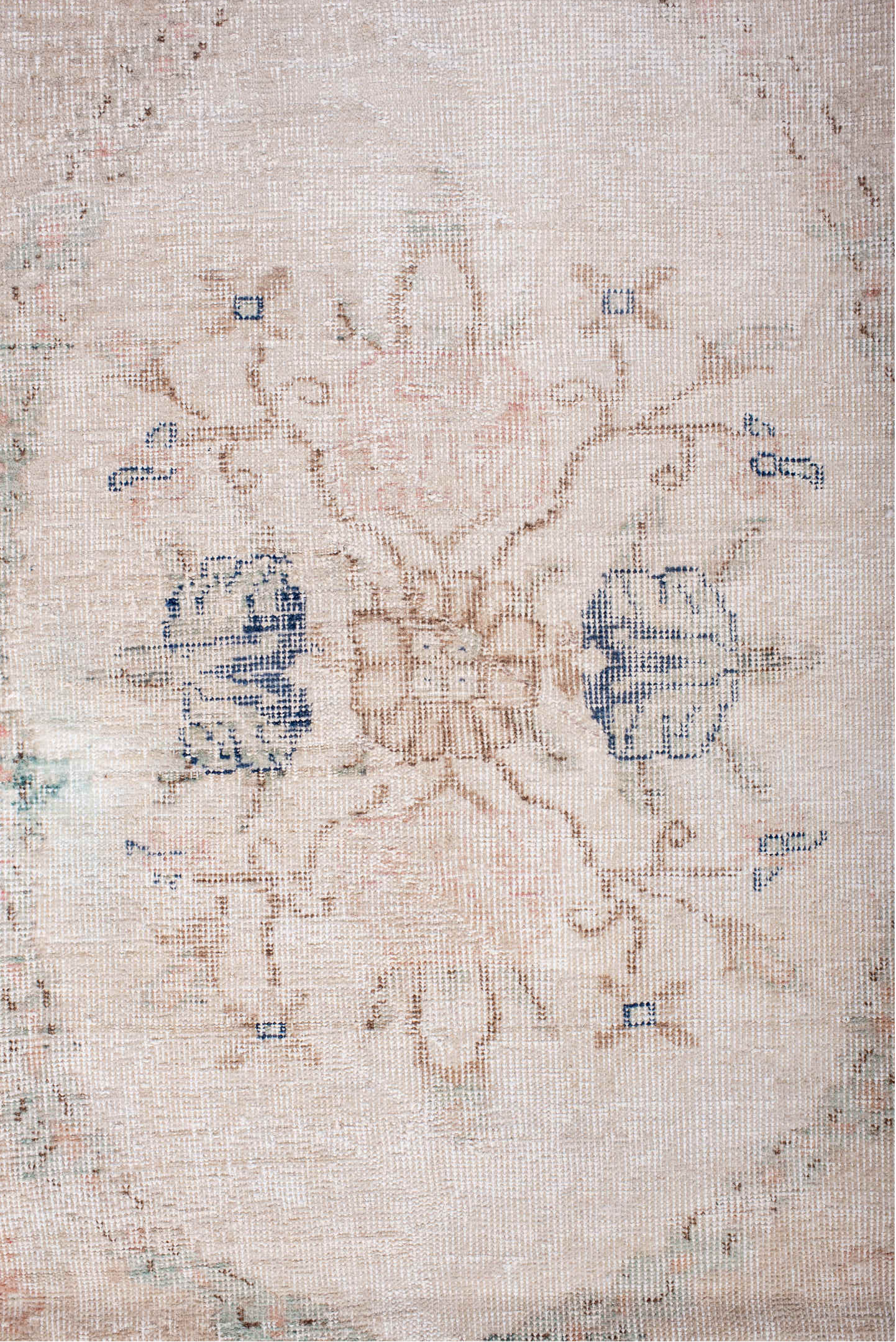 7' x 9' one-of-a-kind handmade vintage Sparta rug. Color palette: blush, ivory, pale blue, taupe, cream, pink, light blue