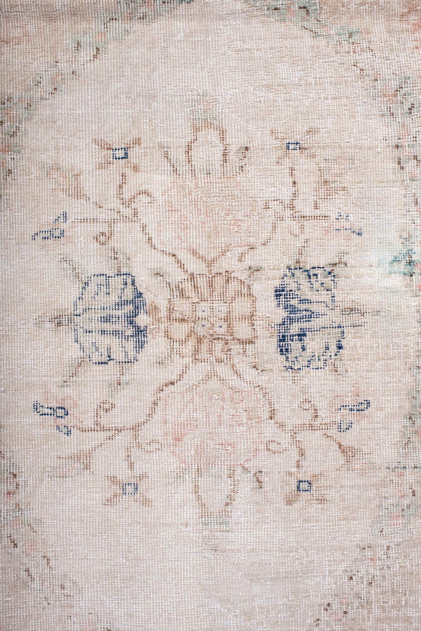 7' x 9' one-of-a-kind handmade vintage Sparta rug. Color palette: blush, ivory, pale blue, taupe, cream, pink, light blue