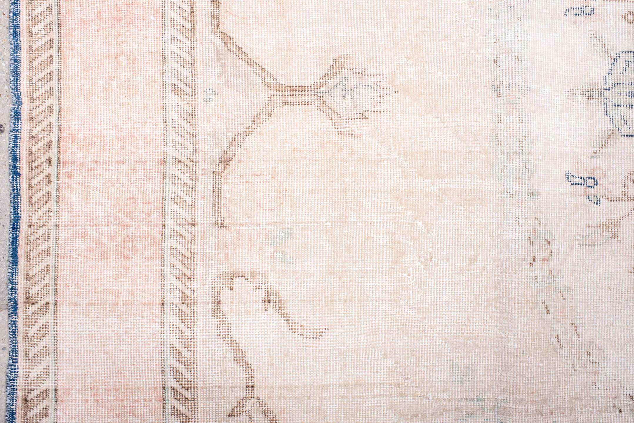 7' x 9' one-of-a-kind handmade vintage Sparta rug. Color palette: blush, ivory, pale blue, taupe, cream, pink, light blue