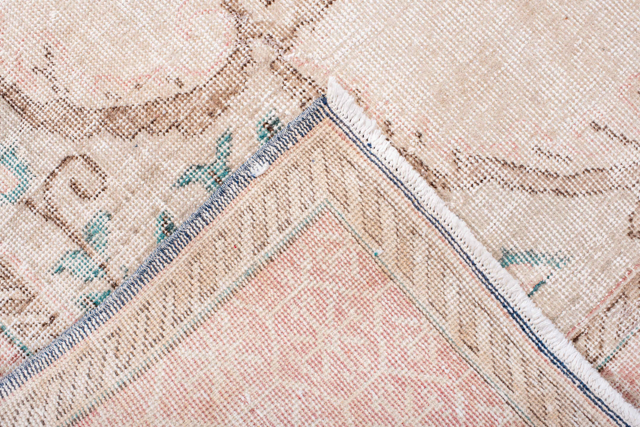 7' x 9' one-of-a-kind handmade vintage Sparta rug. Color palette: blush, ivory, pale blue, taupe, cream, pink, light blue