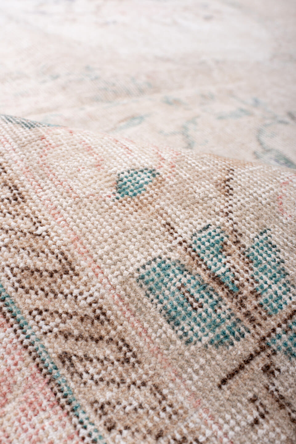 7' x 9' one-of-a-kind handmade vintage Sparta rug. Color palette: blush, ivory, pale blue, taupe, cream, pink, light blue