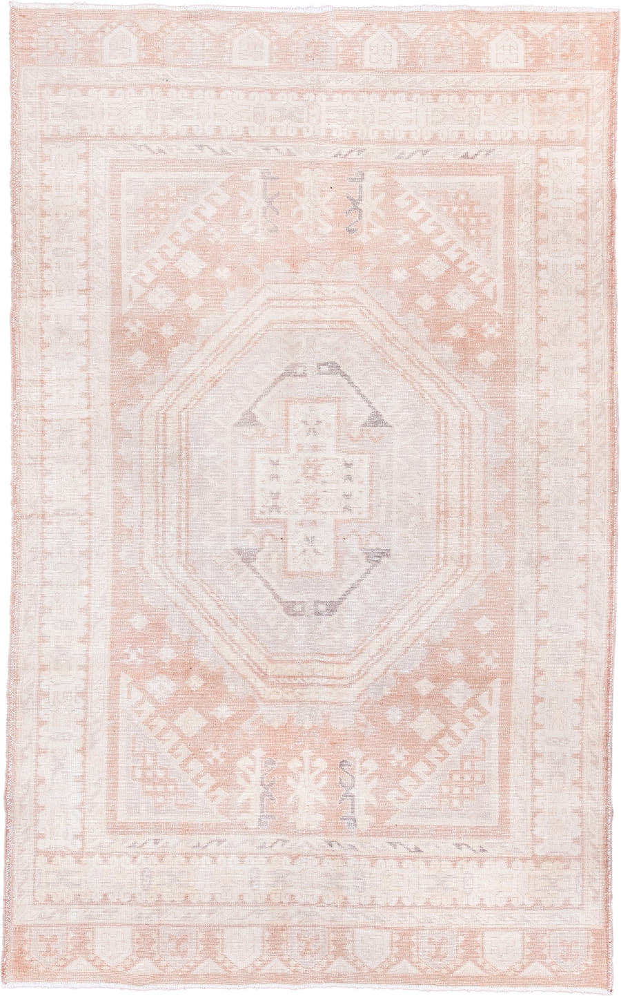 6' x 10' one-of-a-kind handmade vintage Sparta large size rug. Color palette: ivory, blush, peach, taupe, pale gray, pink