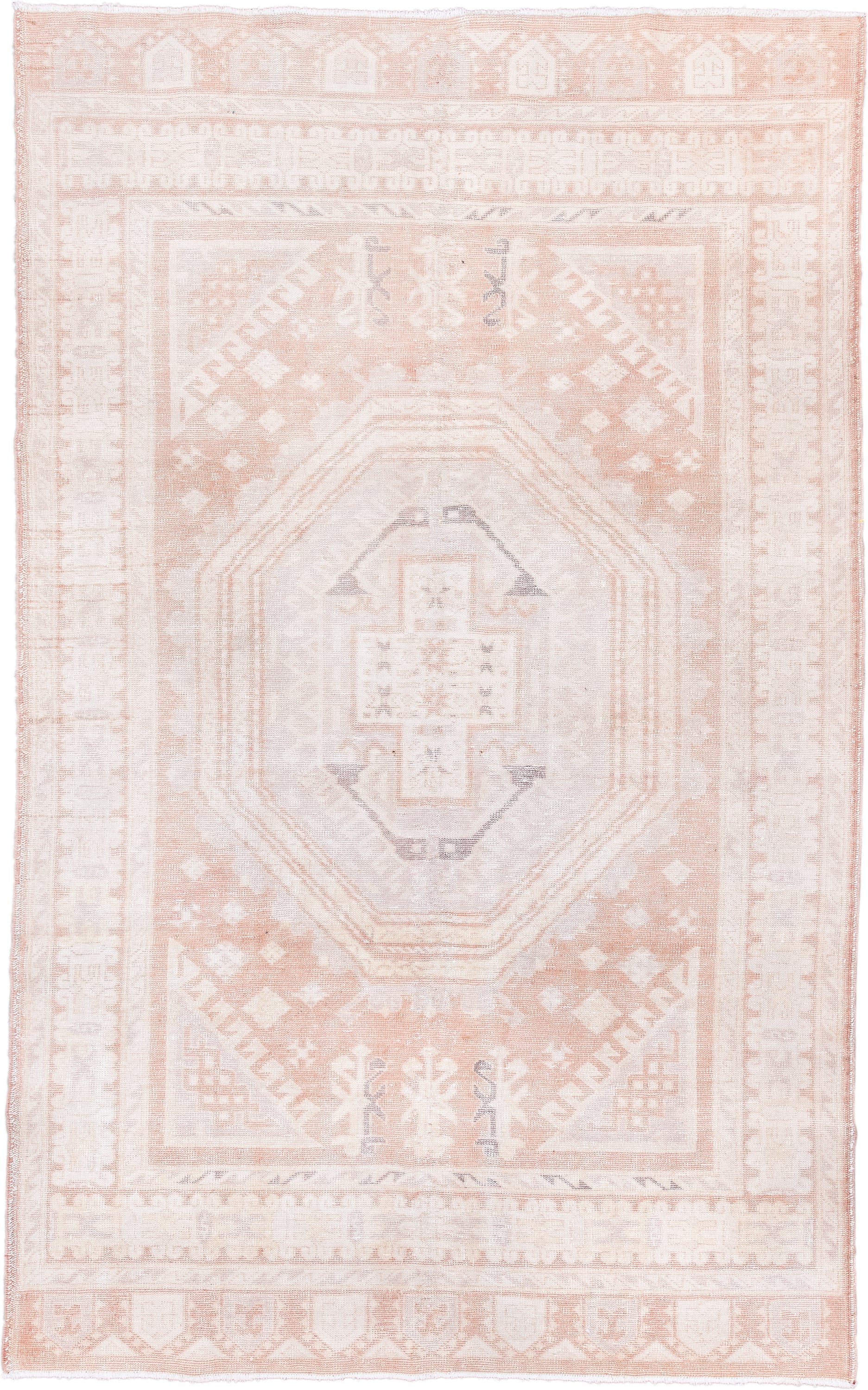 6' x 10' one-of-a-kind handmade vintage Sparta large size rug. Color palette: ivory, blush, peach, taupe, pale gray, pink