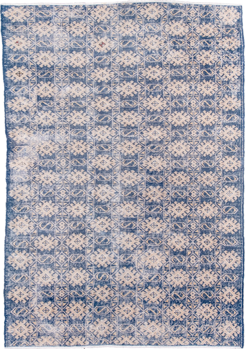 4' x 6' one-of-a-kind handmade vintage Sparta small size rug. Color palette: indigo, ivory, denim, slate, purple, blue, gray