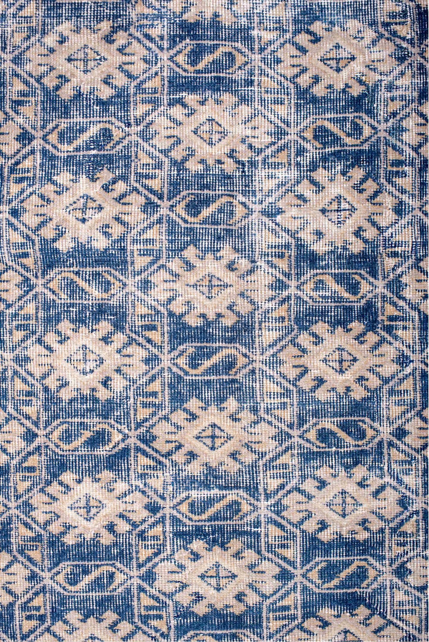 4' x 6' one-of-a-kind handmade vintage Sparta small size rug. Color palette: indigo, ivory, denim, slate, purple, blue, gray