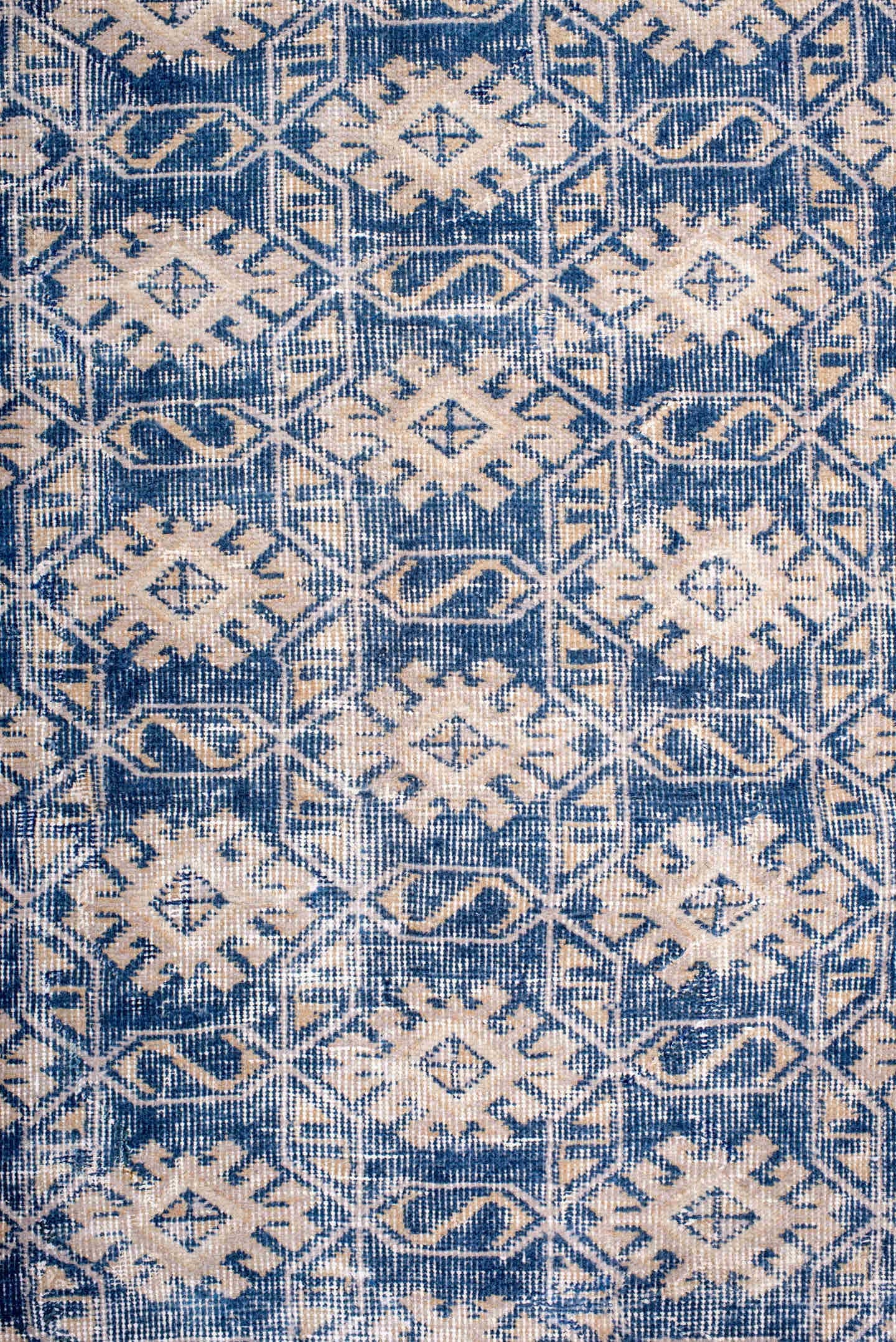 4' x 6' one-of-a-kind handmade vintage Sparta small size rug. Color palette: indigo, ivory, denim, slate, purple, blue, gray