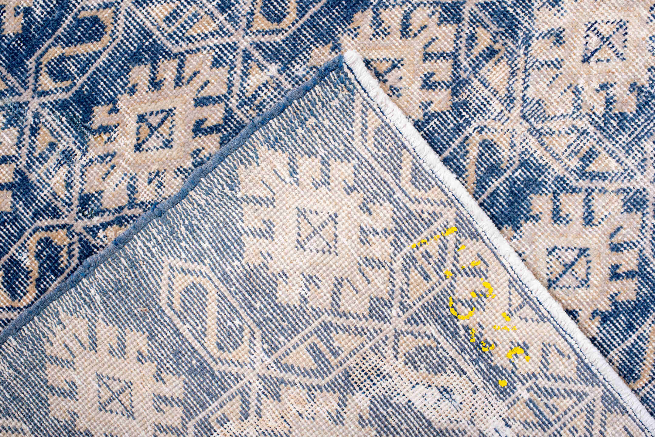 4' x 6' one-of-a-kind handmade vintage Sparta small size rug. Color palette: blue, dark gray, fiord, gray, lavender blush