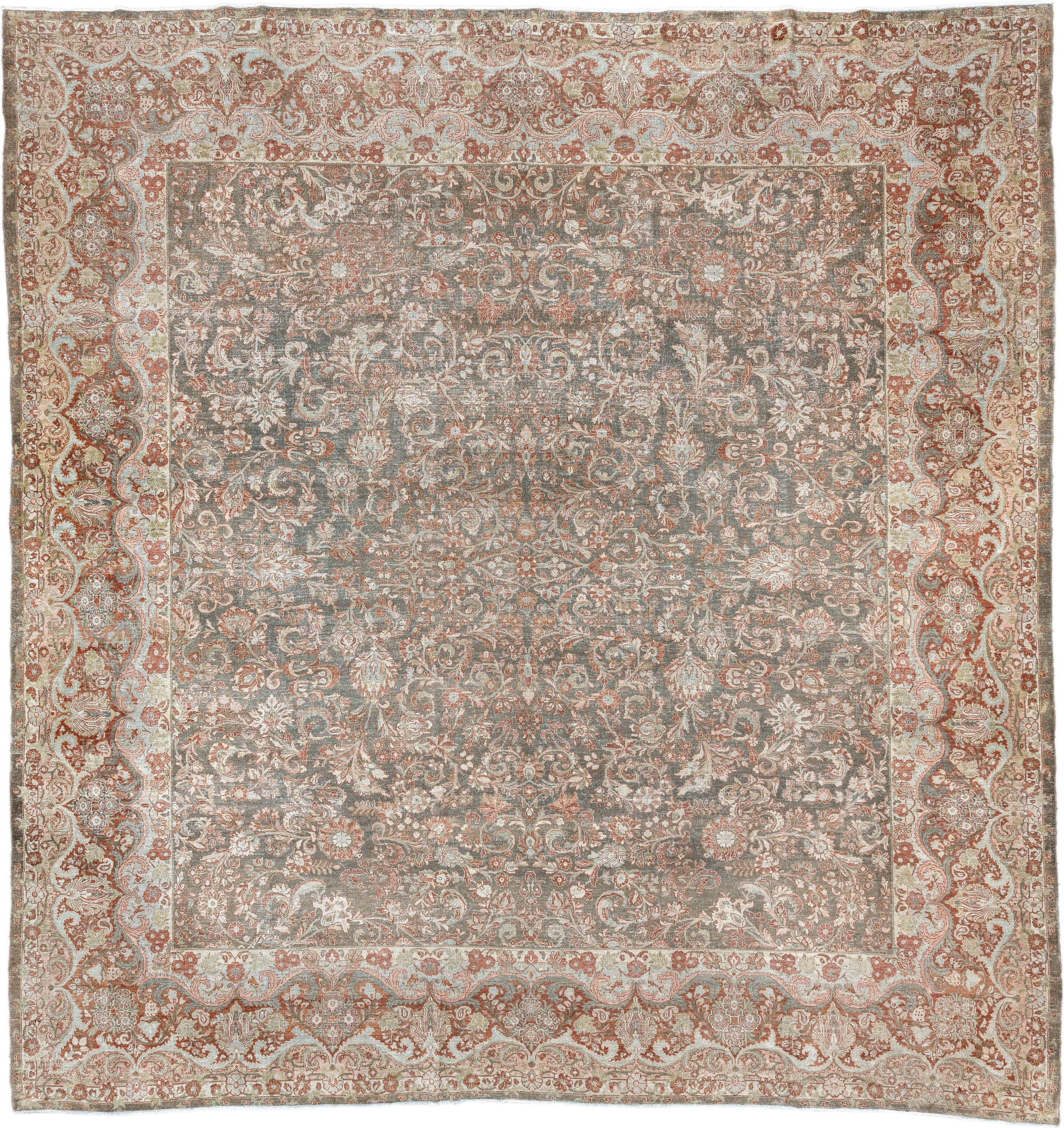 13' x 13' one-of-a-kind handmade antique Sarouk oversize rug. Color palette: gray, ivory, rust, taupe, sage, terra cotta
