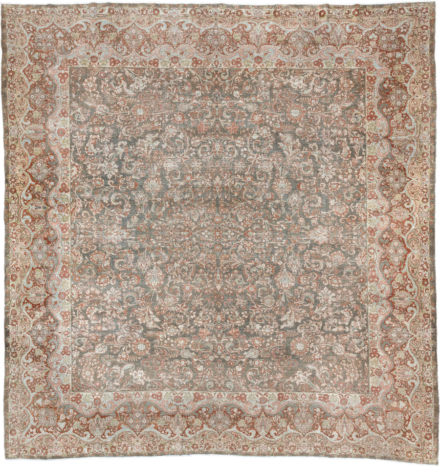 13' x 13' one-of-a-kind handmade antique Sarouk oversize rug. Color palette: gray, ivory, rust, taupe, sage, terra cotta