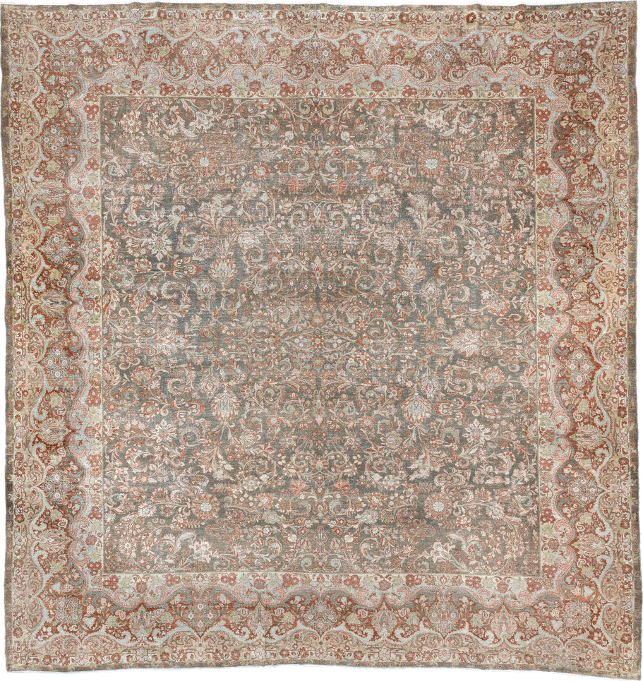 13' x 13' one-of-a-kind handmade vintage Sarouk oversize rug. Color palette: brown, gray, light gray, off-white, pink