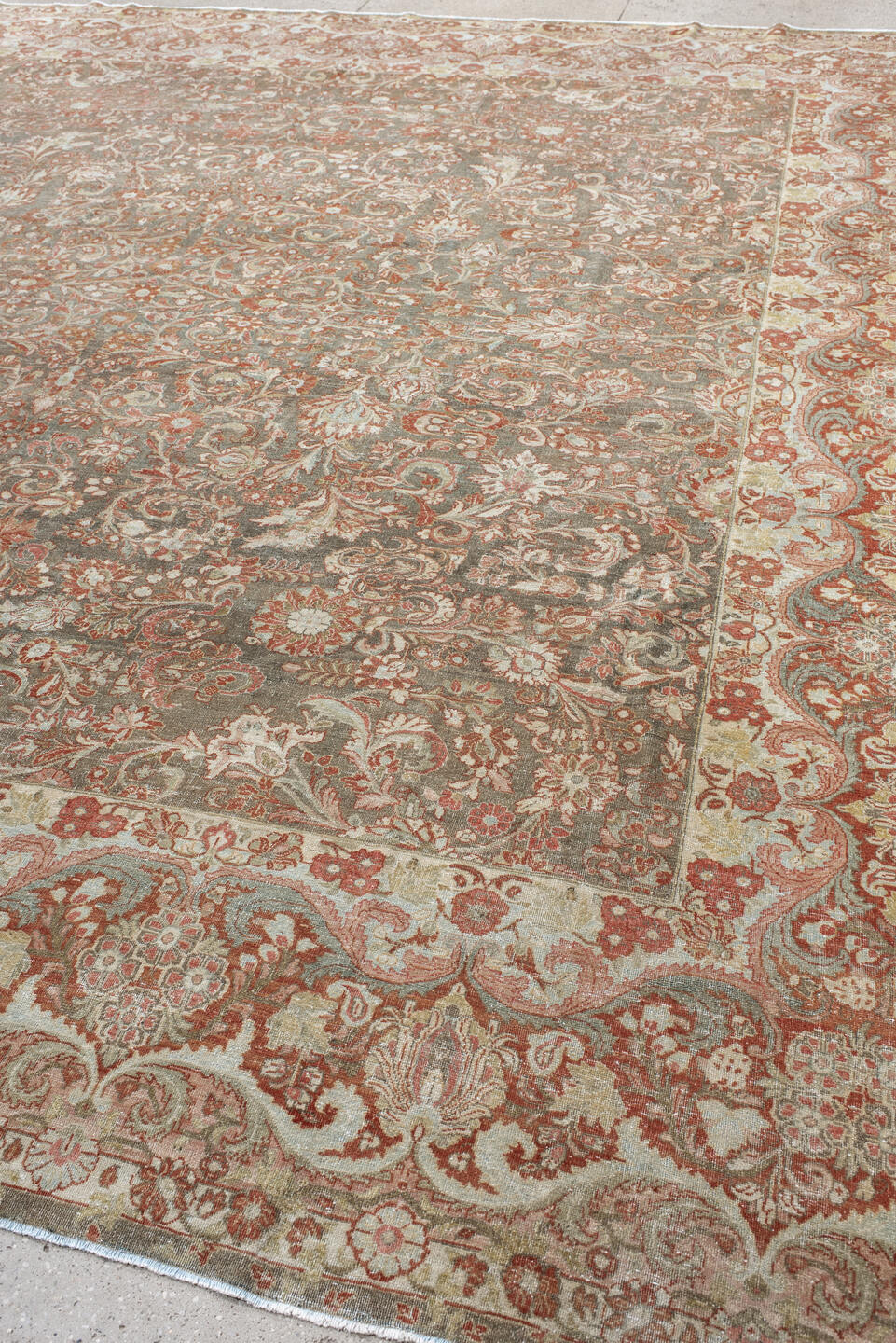 13' x 13' one-of-a-kind handmade antique Sarouk oversize rug. Color palette: gray, ivory, rust, taupe, sage, terra cotta