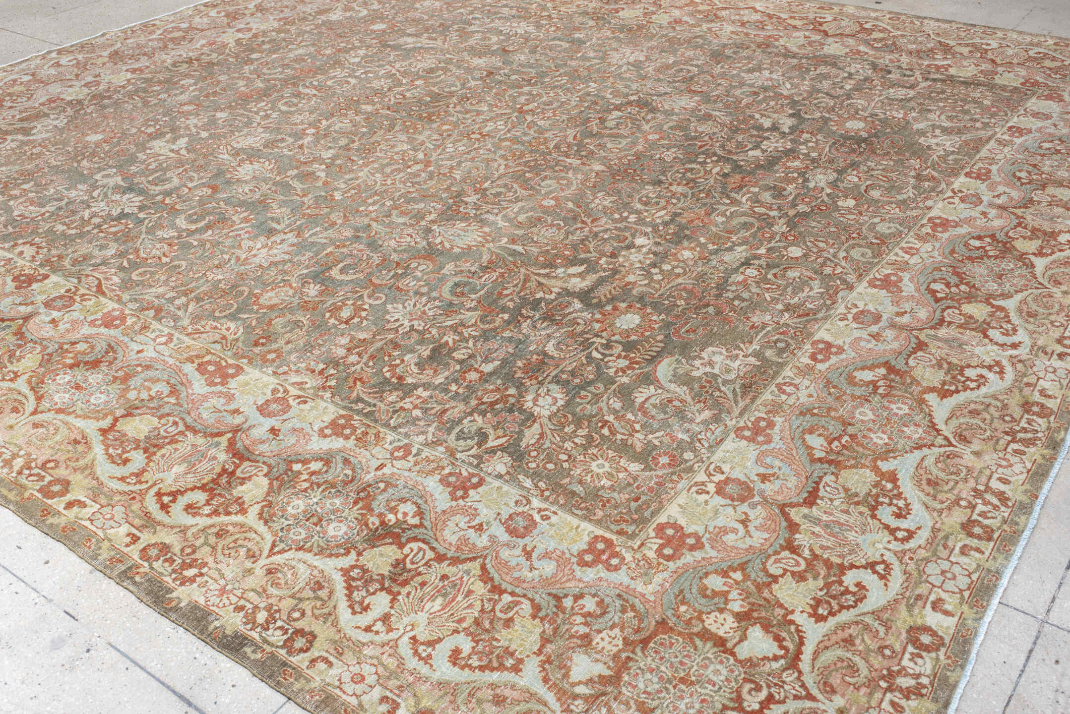 13' x 13' one-of-a-kind handmade antique Sarouk oversize rug. Color palette: gray, ivory, rust, taupe, sage, terra cotta