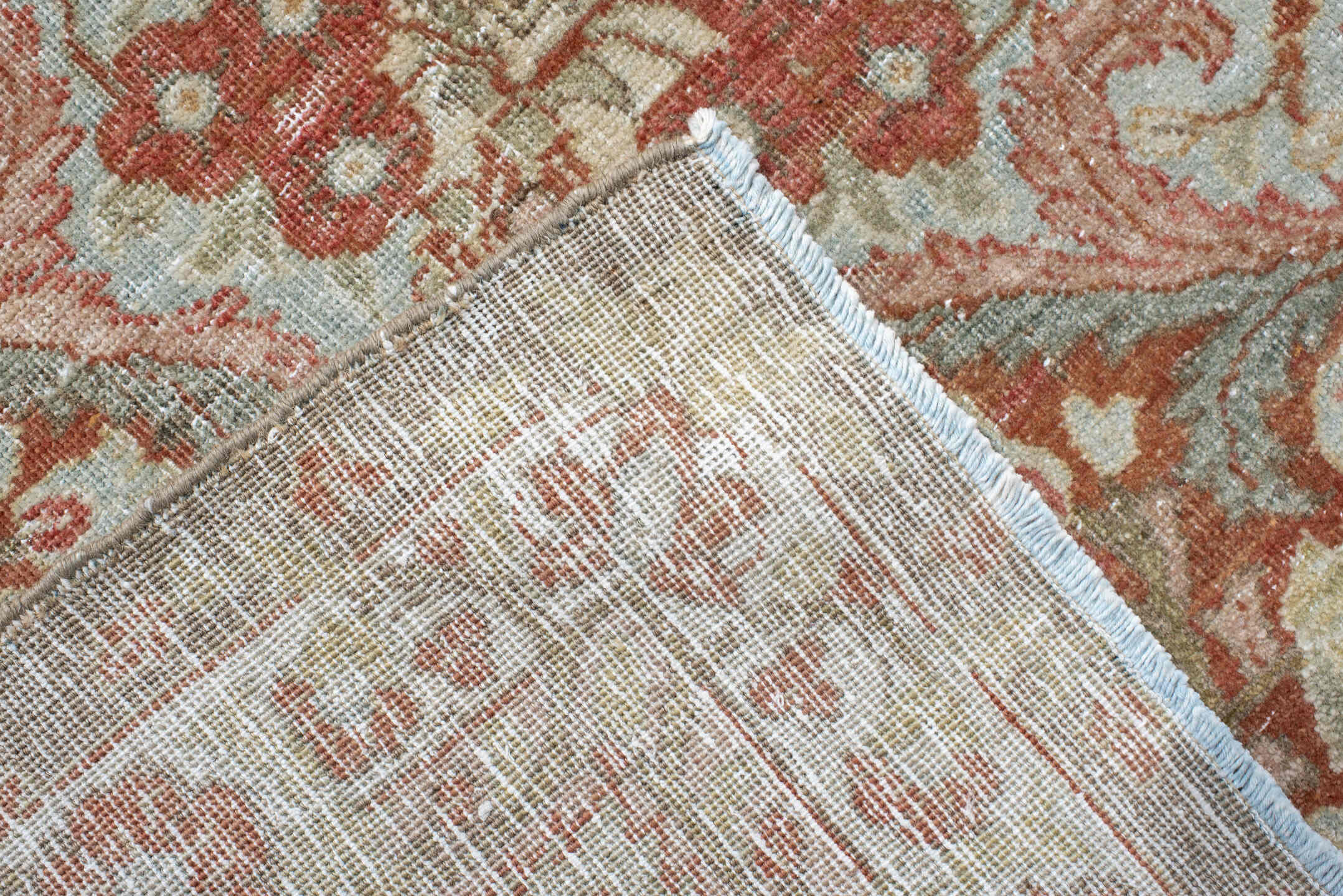 13' x 13' one-of-a-kind handmade antique Sarouk oversize rug. Color palette: gray, ivory, rust, taupe, sage, terra cotta