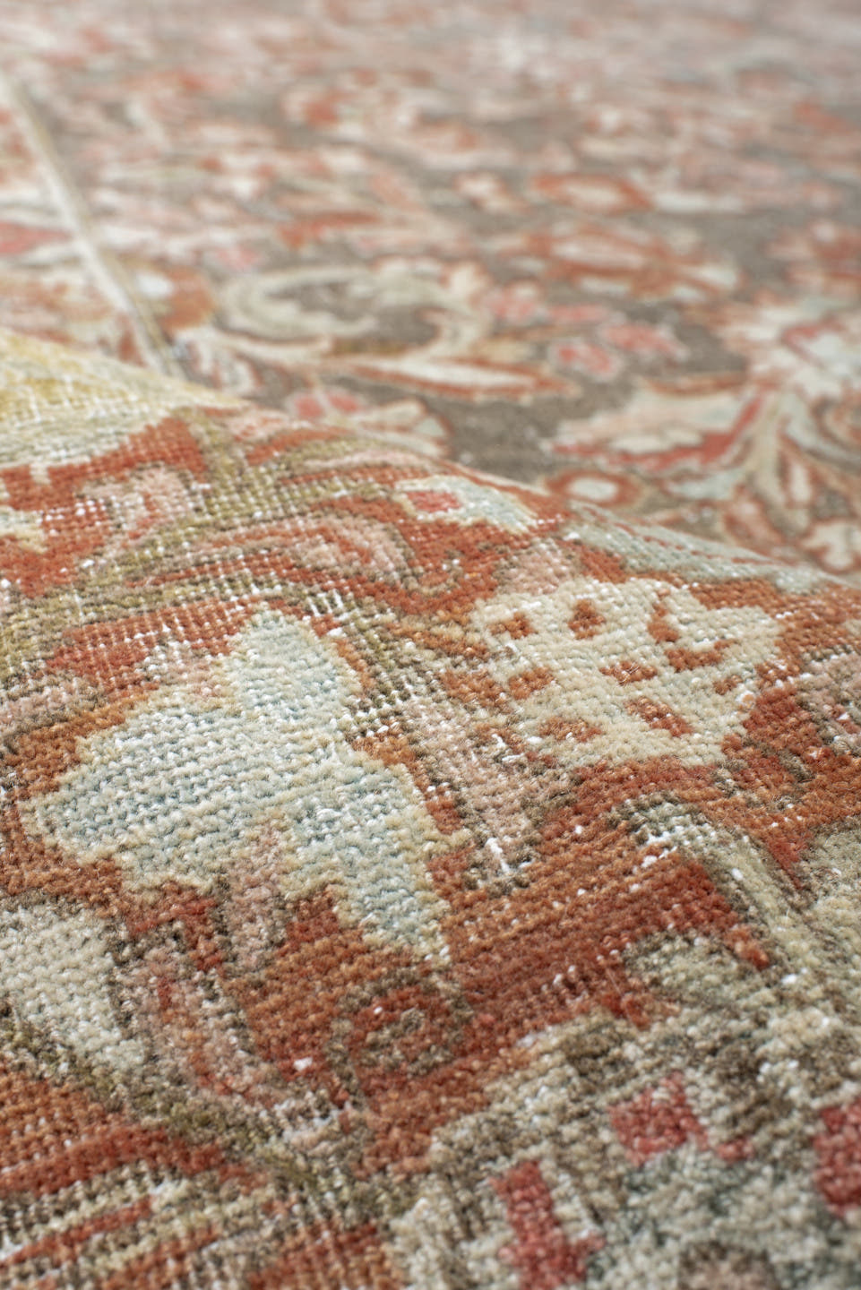 13' x 13' one-of-a-kind handmade antique Sarouk oversize rug. Color palette: gray, ivory, rust, taupe, sage, terra cotta