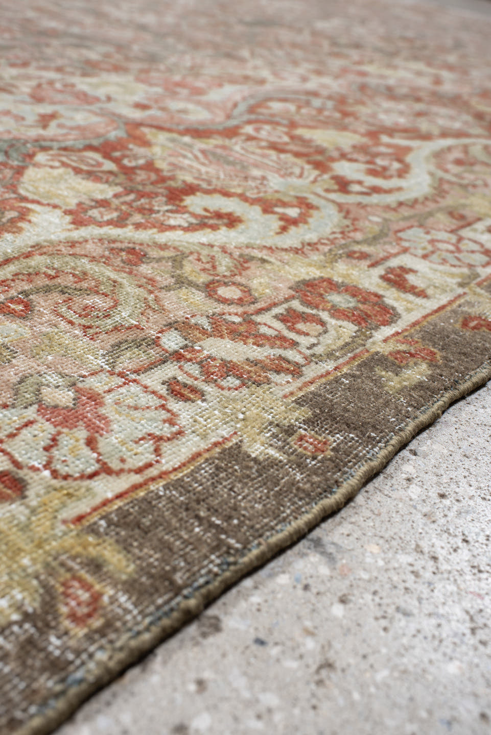 13' x 13' one-of-a-kind handmade antique Sarouk oversize rug. Color palette: gray, ivory, rust, taupe, sage, terra cotta