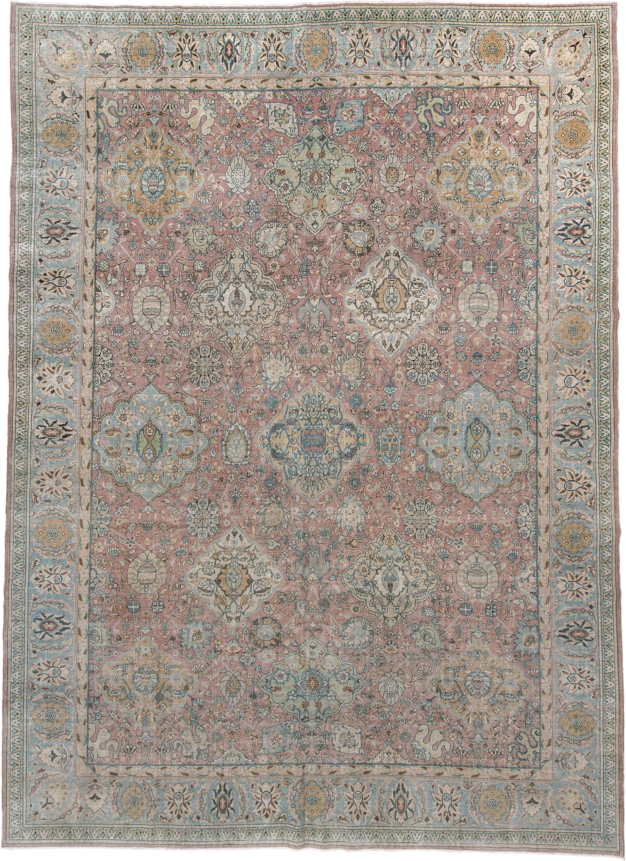 9' x 12' one-of-a-kind handmade vintage Tabriz large size rug. Color palette: rose, light blue, ivory, taupe, gold, sage