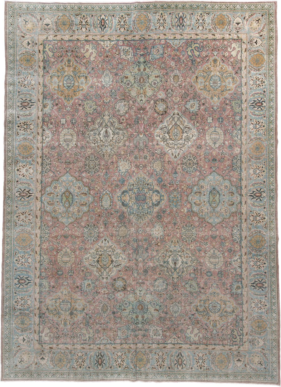 9' x 12' one-of-a-kind handmade vintage Tabriz large size rug. Color palette: rose, light blue, ivory, taupe, gold, sage
