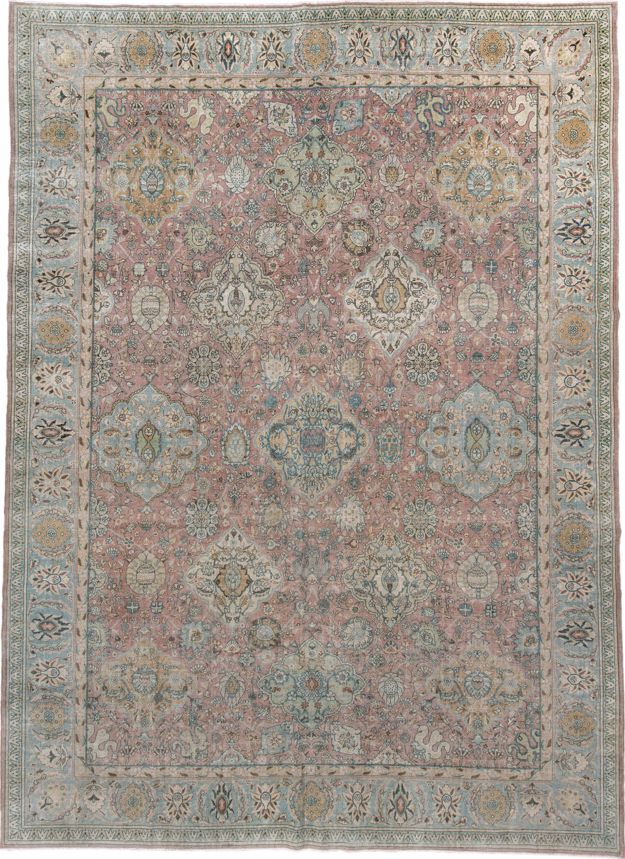 9' x 12' one-of-a-kind handmade vintage Tabriz large size rug. Color palette: rose, light blue, ivory, taupe, gold, sage