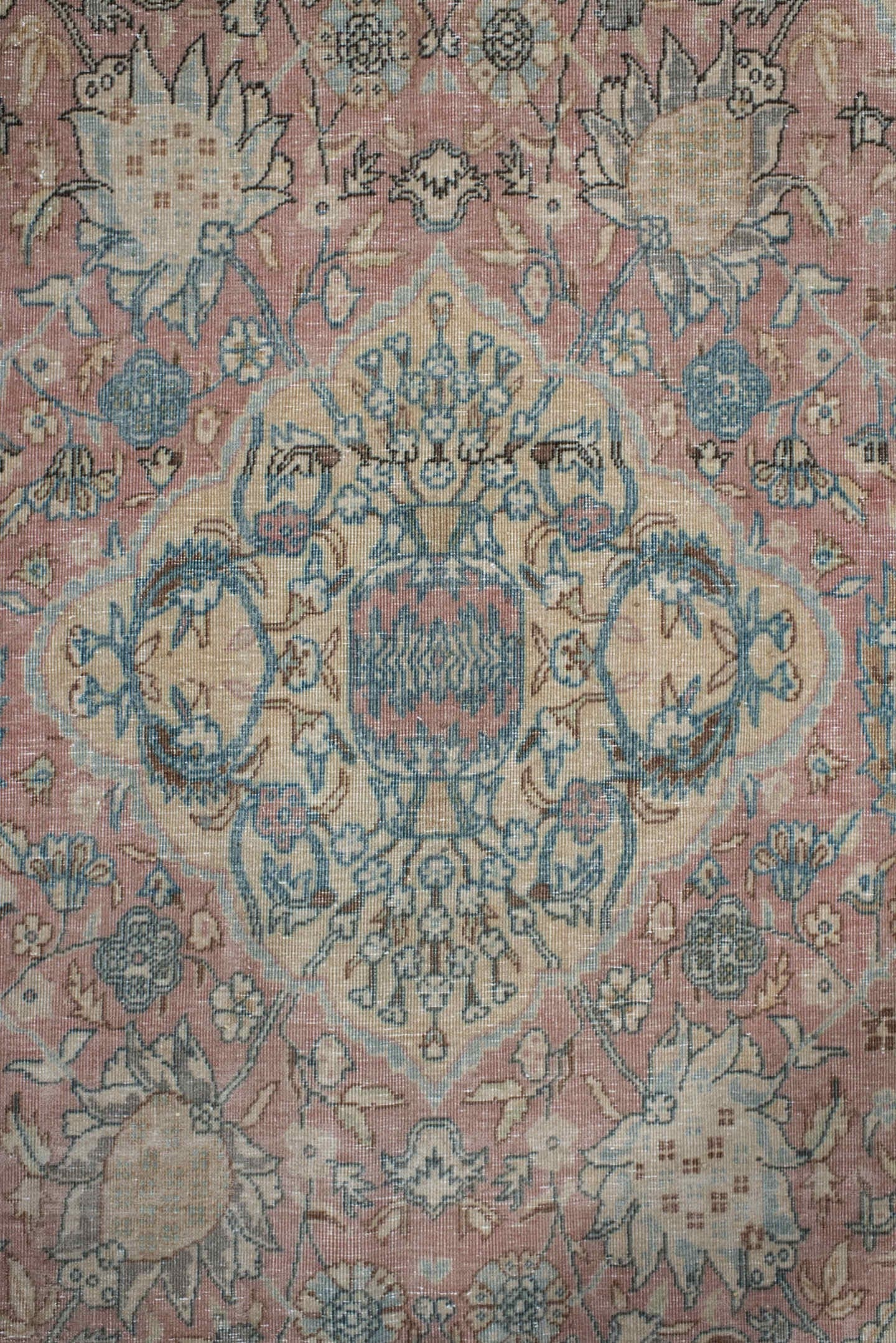 9' x 12' one-of-a-kind handmade vintage Tabriz large size rug. Color palette: rose, light blue, ivory, taupe, gold, sage