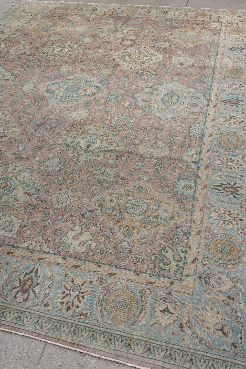 9' x 12' one-of-a-kind handmade vintage Tabriz large size rug. Color palette: rose, light blue, ivory, taupe, gold, sage