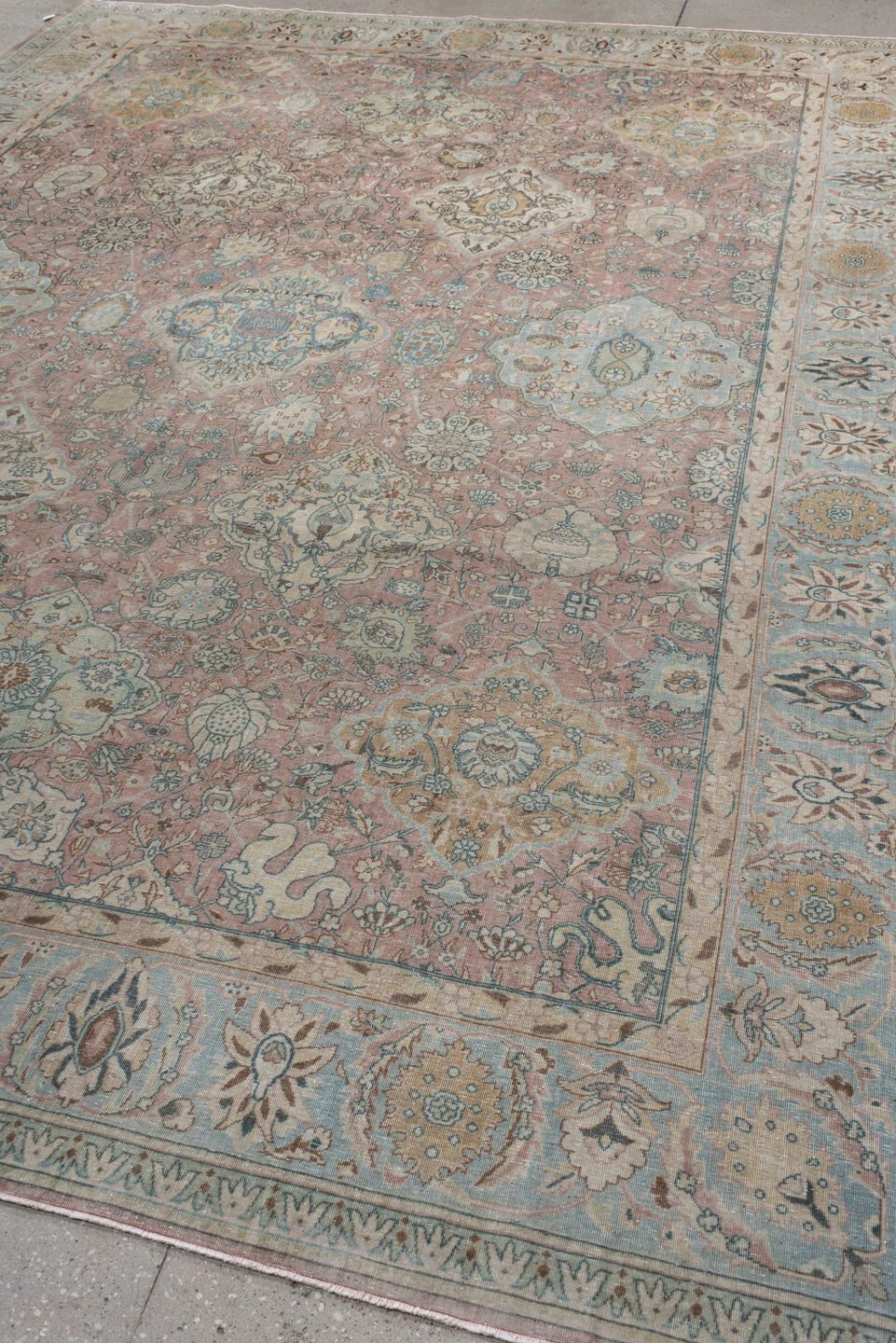 9' x 12' one-of-a-kind handmade vintage Tabriz large size rug. Color palette: rose, light blue, ivory, taupe, gold, sage