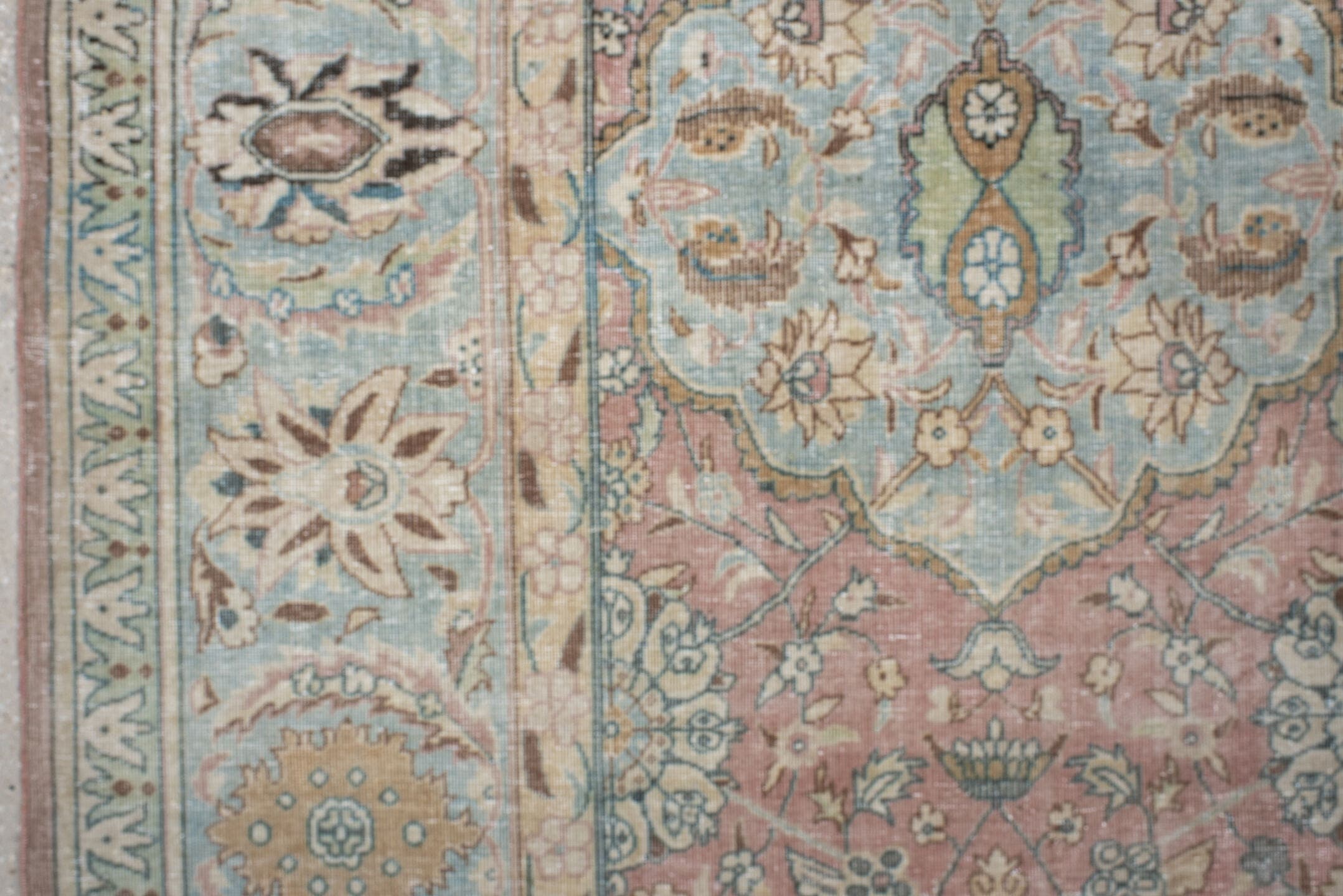 9' x 12' one-of-a-kind handmade vintage Tabriz large size rug. Color palette: rose, light blue, ivory, taupe, gold, sage