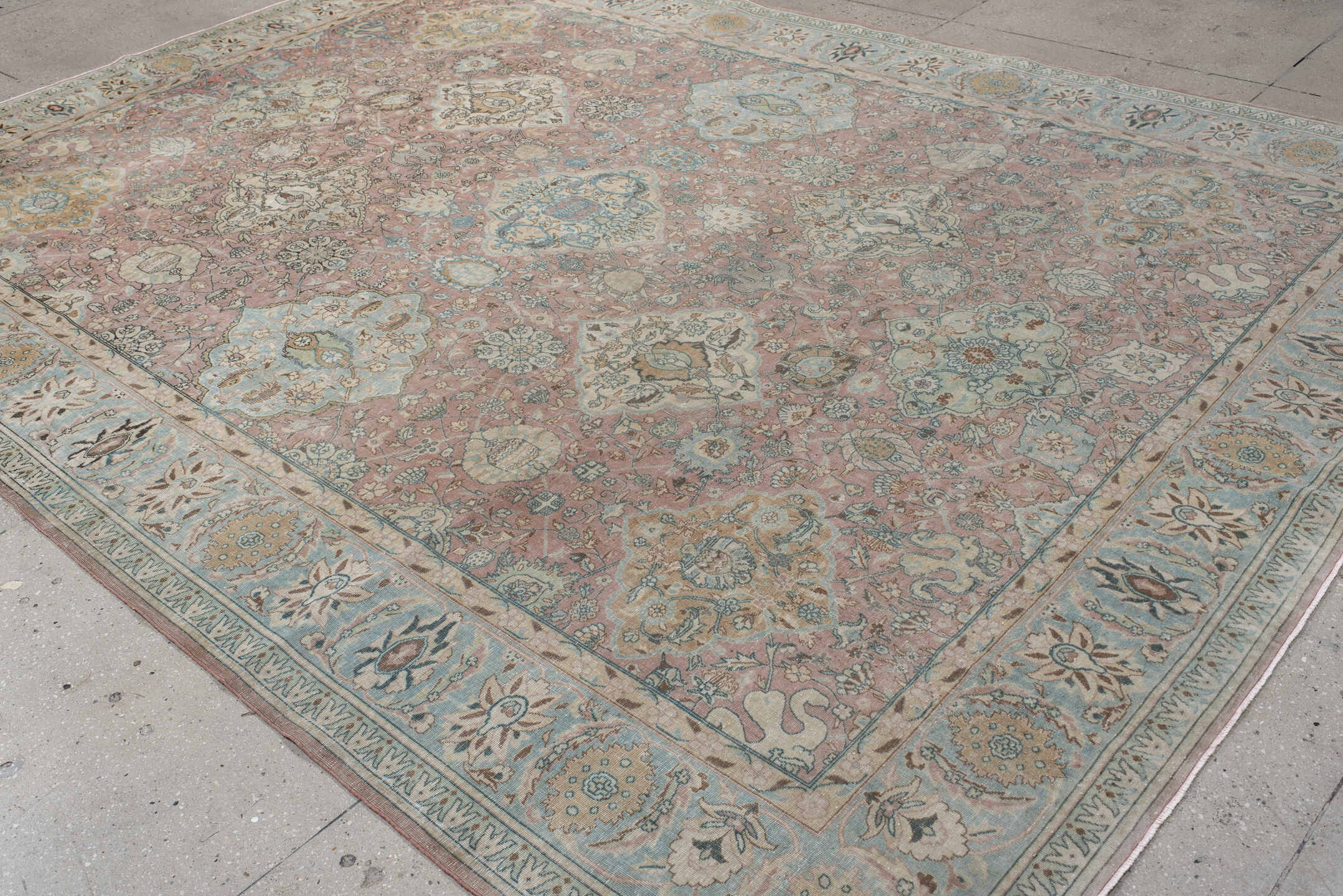 9' x 12' one-of-a-kind handmade vintage Tabriz large size rug. Color palette: rose, light blue, ivory, taupe, gold, sage