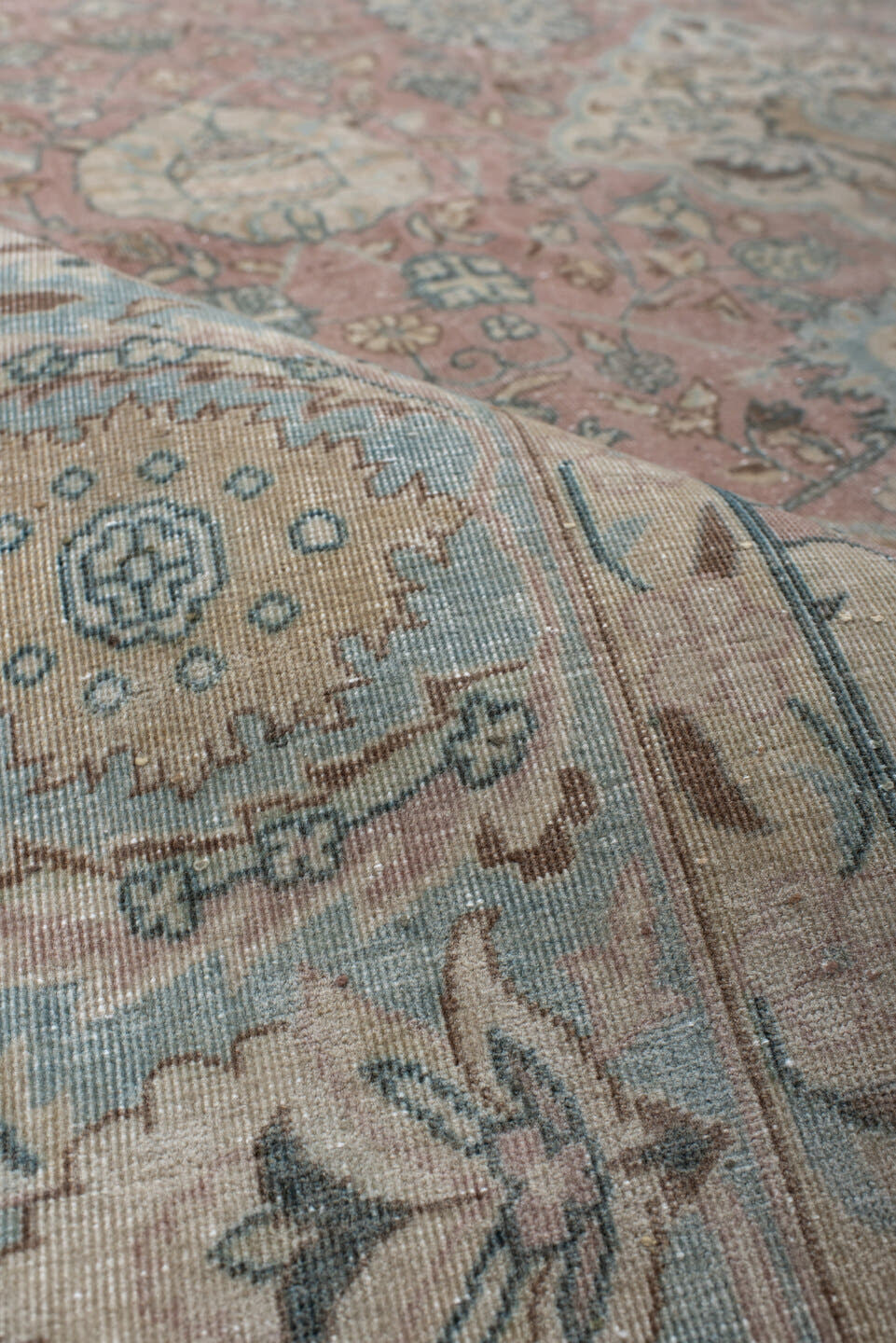9' x 12' one-of-a-kind handmade vintage Tabriz large size rug. Color palette: rose, light blue, ivory, taupe, gold, sage