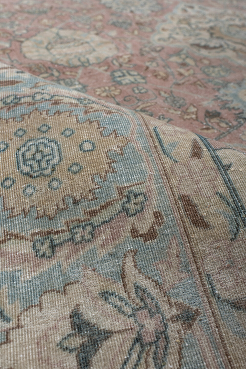9' x 12' one-of-a-kind handmade vintage Tabriz large size rug. Color palette: rose, light blue, ivory, taupe, gold, sage