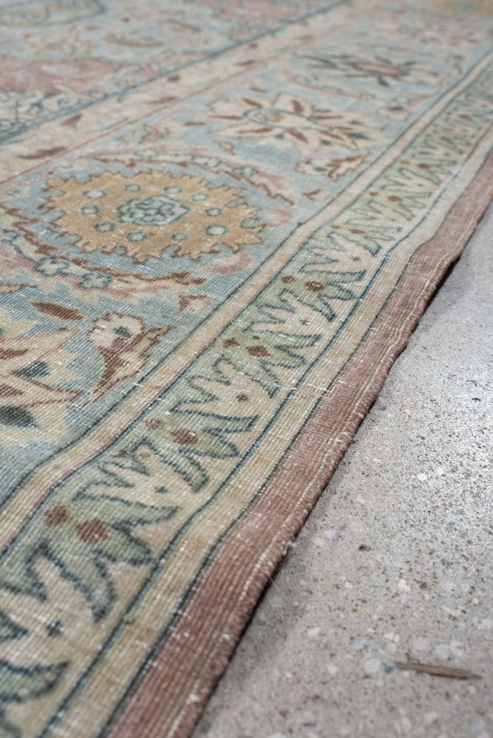 9' x 12' one-of-a-kind handmade vintage Tabriz large size rug. Color palette: rose, light blue, ivory, taupe, gold, sage