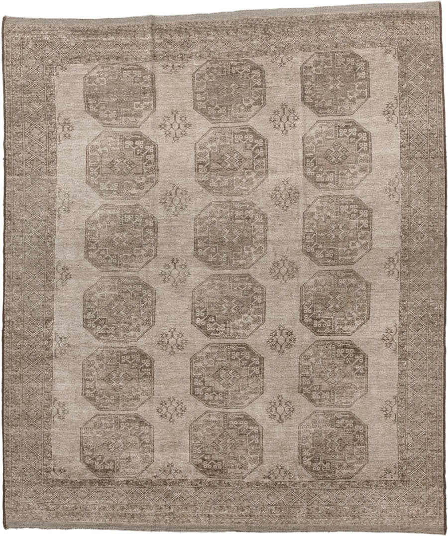 7' x 8' one-of-a-kind handmade antique Afghan rug. Color palette: ivory, taupe, camel, beige, sand, brown, gray