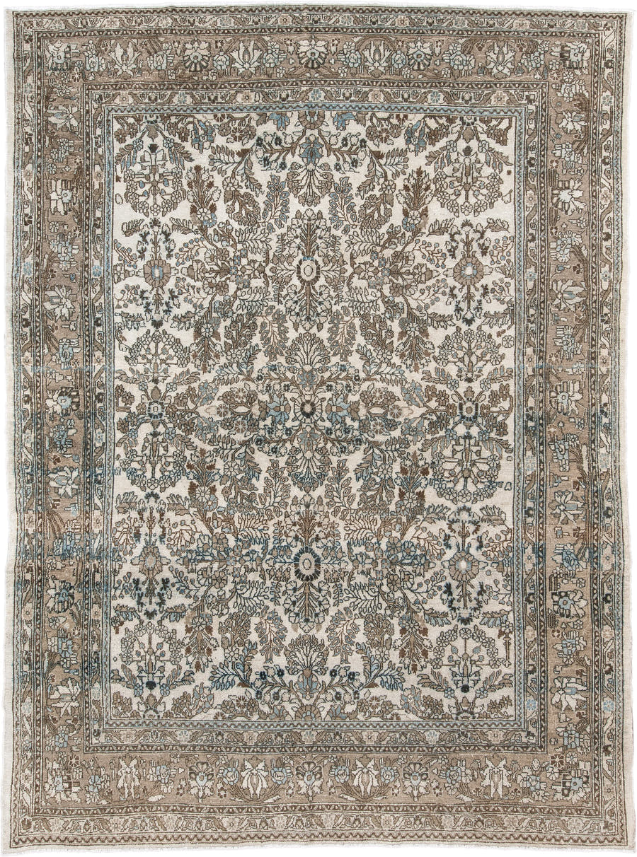 8' x 11' one-of-a-kind handmade vintage Bibikabad large size rug. Color palette: ivory, taupe, brown, soft blue, beige