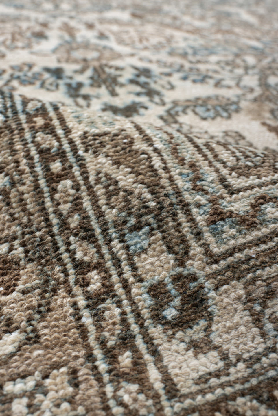 8' x 11' one-of-a-kind handmade vintage Bibikabad large size rug. Color palette: ivory, taupe, brown, soft blue, beige