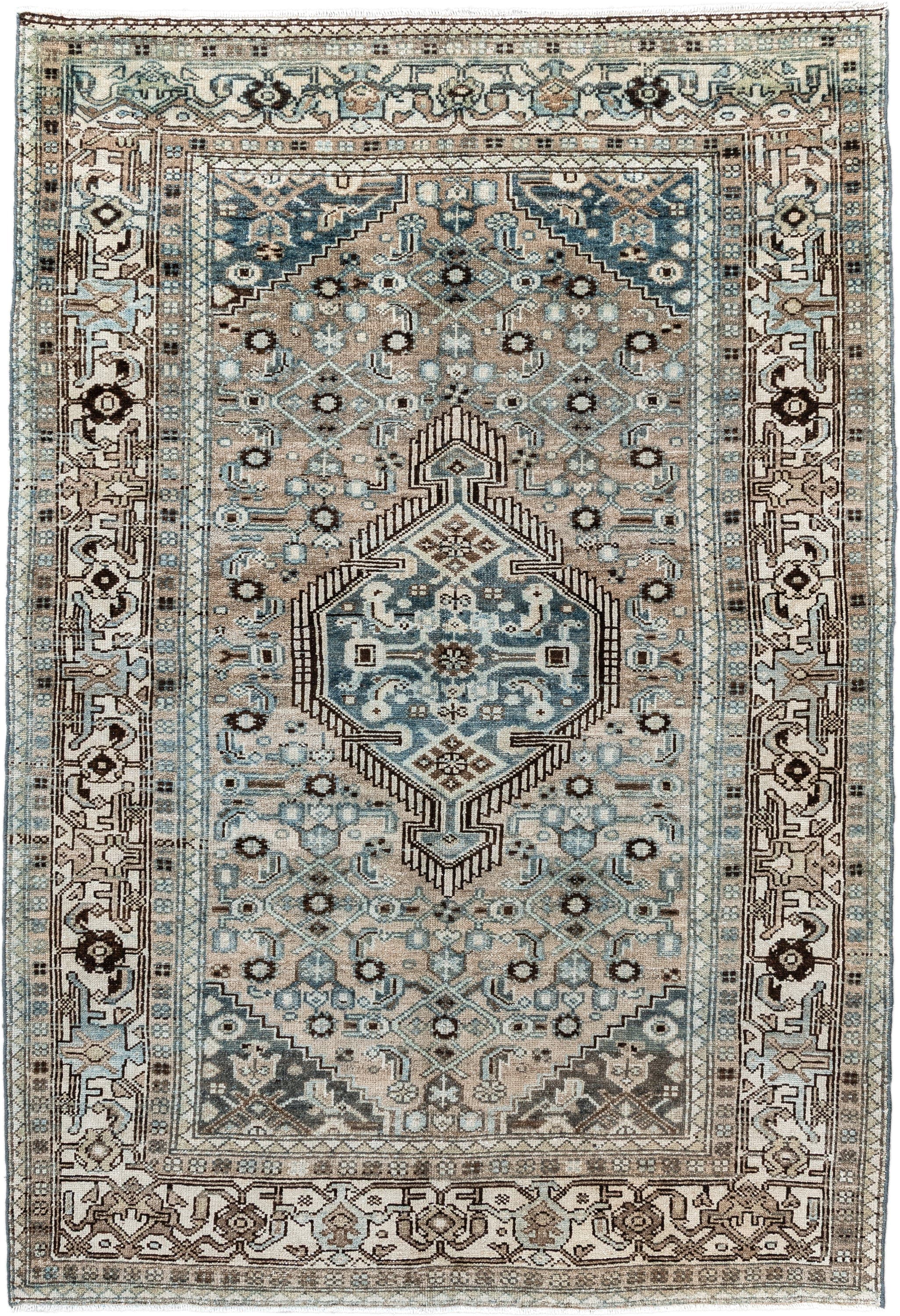 4' x 6' one-of-a-kind handmade antique Malayer small size rug. Color palette: ivory, taupe, pale_blue, brown, slate, camel