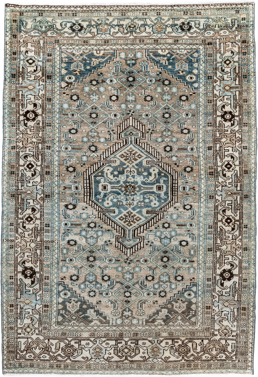 4' x 6' one-of-a-kind handmade antique Malayer small size rug. Color palette: ivory, taupe, pale_blue, brown, slate, camel
